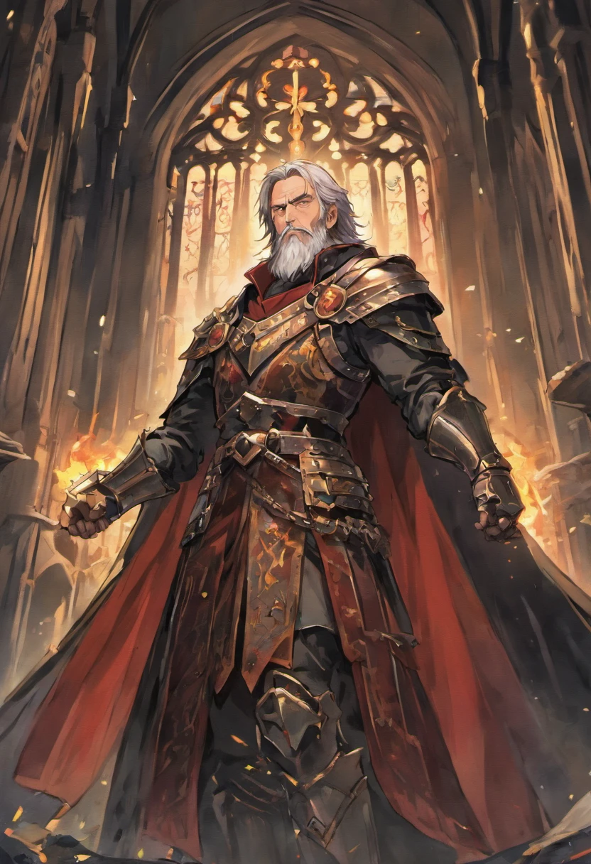 One guy, 55 year old knight with full beard, with cloak, in full medieval plate armor, black cloak, wearing a simple broad brimmed hat, vampire hunter d style, anime style, rosary for necklace, catholic, sword on back, so cool, epic, strong, cool pose, gauntlets, breastplate, handlebar moustache