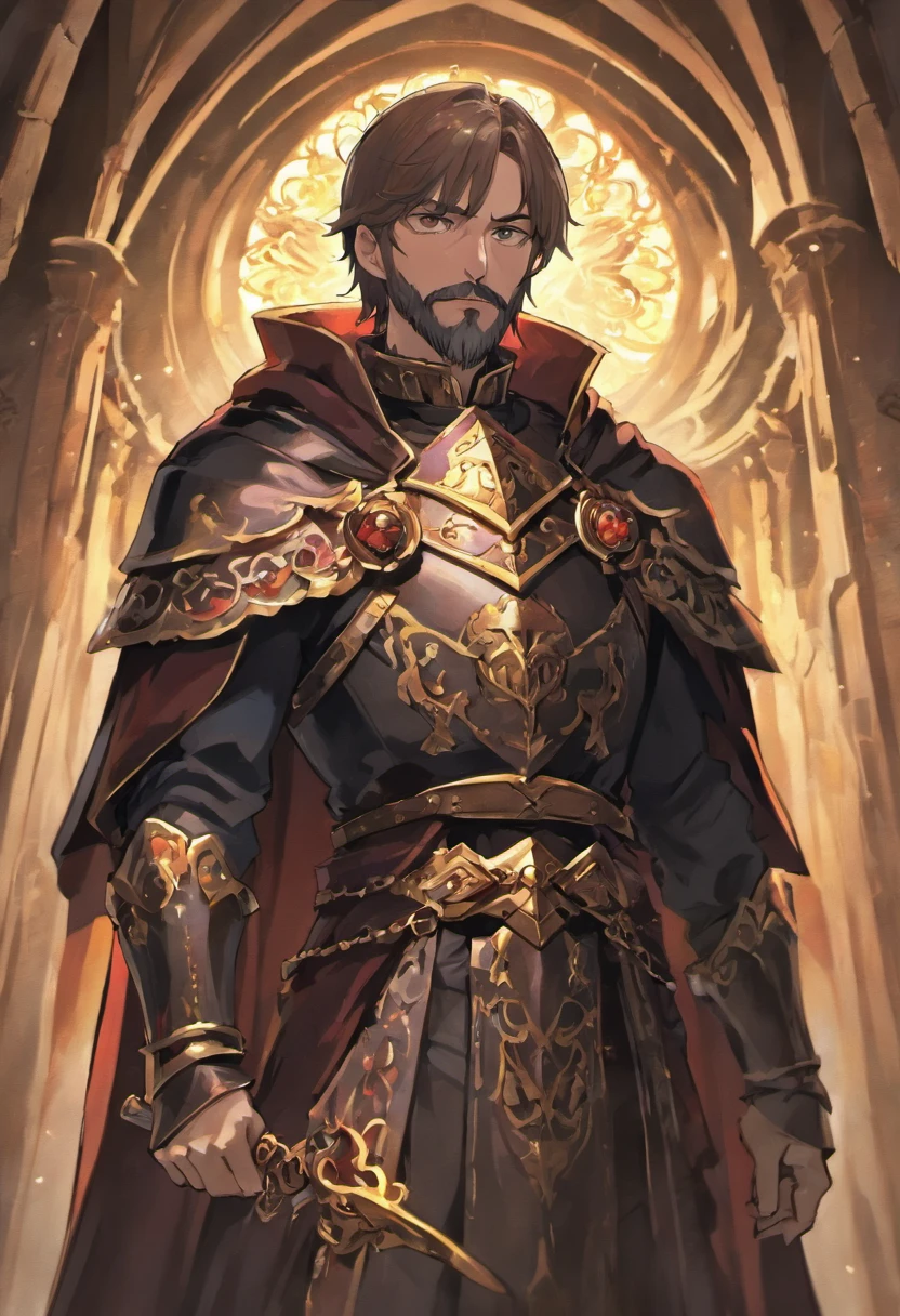 One guy, 55 year old knight with full beard, with cloak, in full medieval plate armor, black cloak, wearing a simple broad brimmed hat, vampire hunter d style, anime style, rosary for necklace, catholic, sword on back, so cool, epic, strong, cool pose, gauntlets, breastplate, handlebar moustache