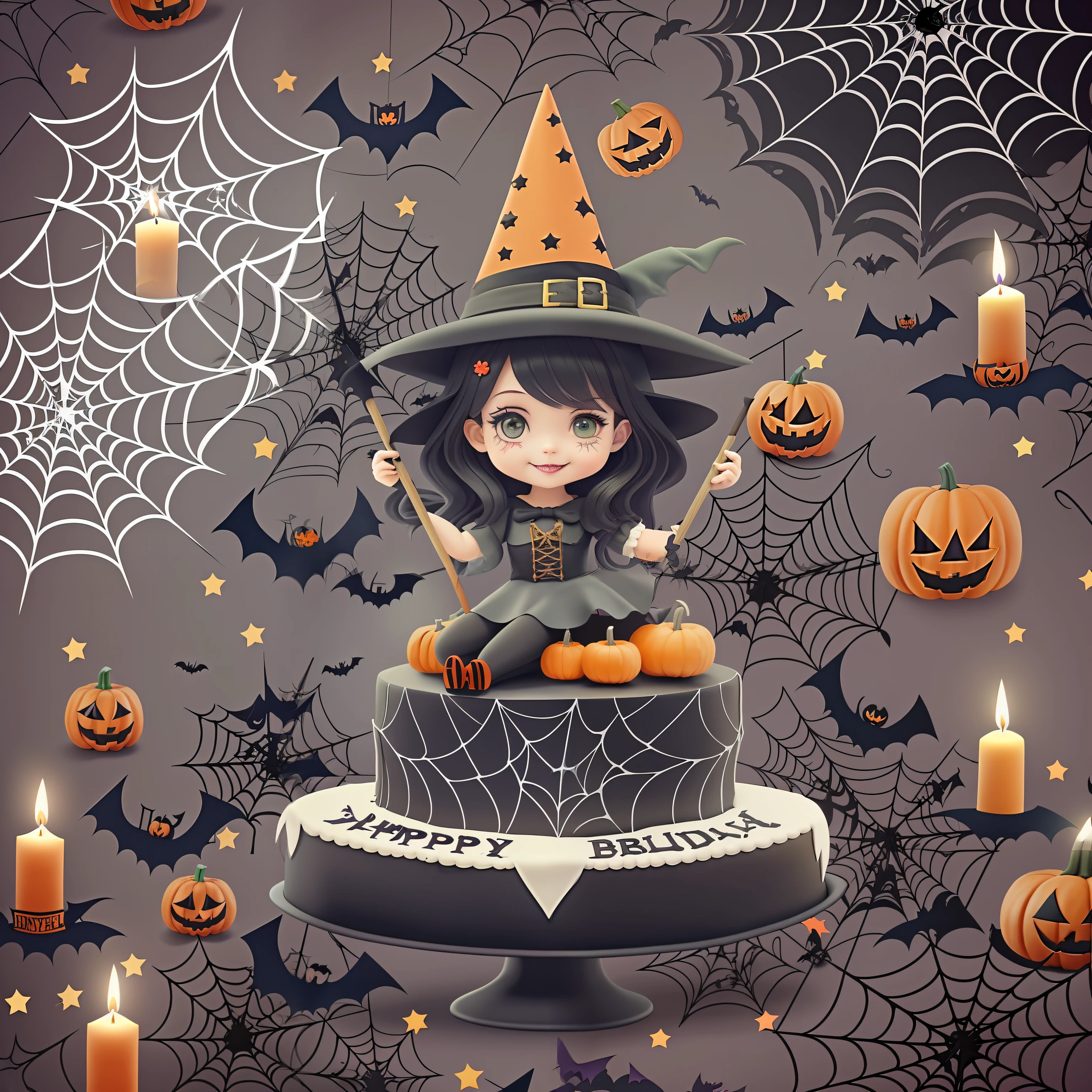 there is a cartoon girl in a witch hat sitting on a cake, halloween celebration, halloween theme, halloween art style, in a halloween style, halloween atmosphere, spooky halloween theme, witch fairytale, witch girl, with cobwebs, cute detailed digital art, happy birthday, birthday, digital illustration -, halloween scene, by Jeka Kemp, detailed digital illustration