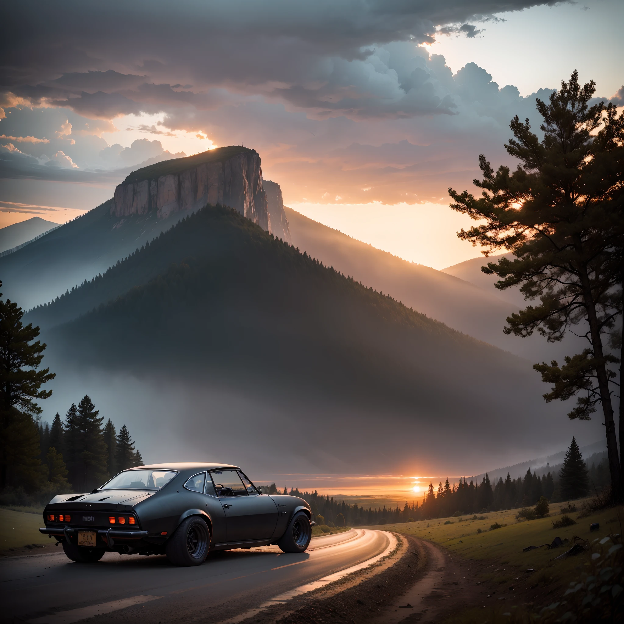 A semi-rusted matte black 1970's sports car, sitting on an old country dirt road in the woods, during a sunset thunderstorm, mountains in the background, harsh lighting, 4k, photo realistic