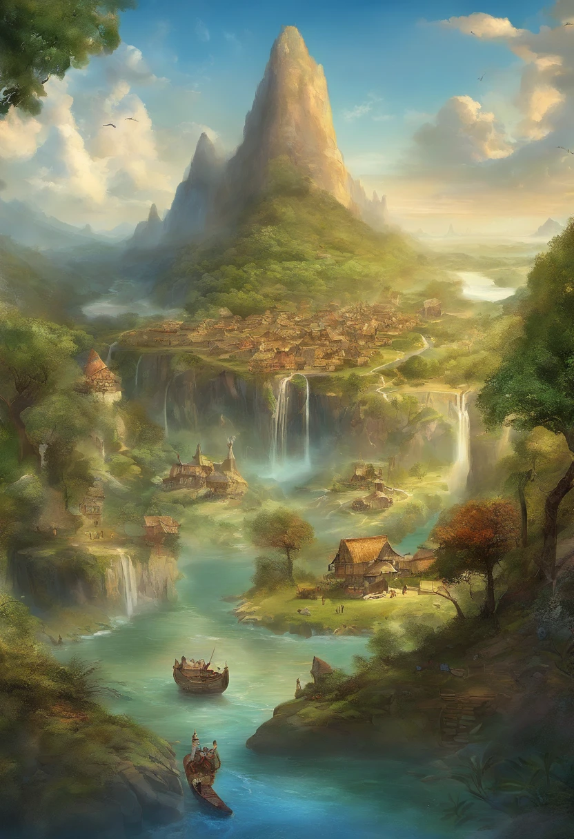 Create image of Human Settlement in the Mesolithic period in the 11 years.000 AC, os assentamentos humanos eram tipicamente pequenos grupos de abrigos feitos de materiais naturais, como peles de animais e galhos, Arranged around areas rich in natural resources, como rios ou lagos. Here are some elements that could be found in a representation of this settlement: