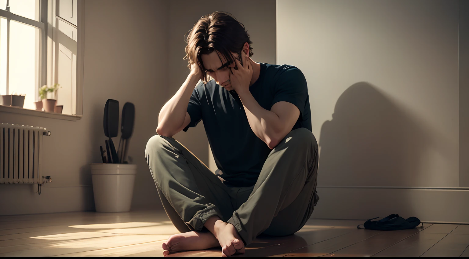 Man sitting on the floor, inside the room, hands on his head, very sad, depressed face, sad eyes, ultra realistic