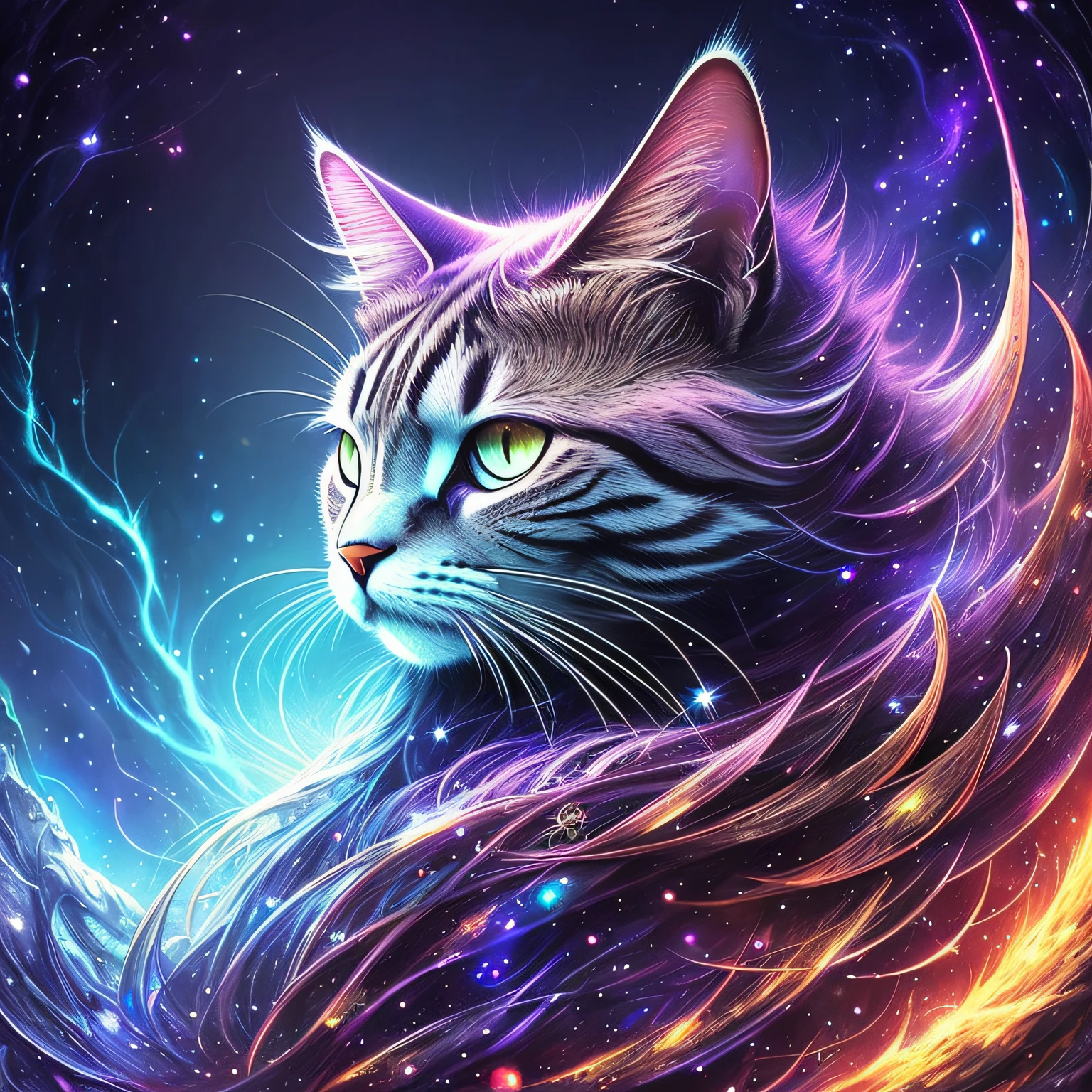 A galactic cat with a lot of hair on its head, Third eye, Gaze at something in the distance, Intricate details, electric, Fantasy art, anato finnstark, Emulsion coating, Highly detailed, obscure
Rutkovsky, hdr, ultra - detailed, rim-light, Faded, Dim