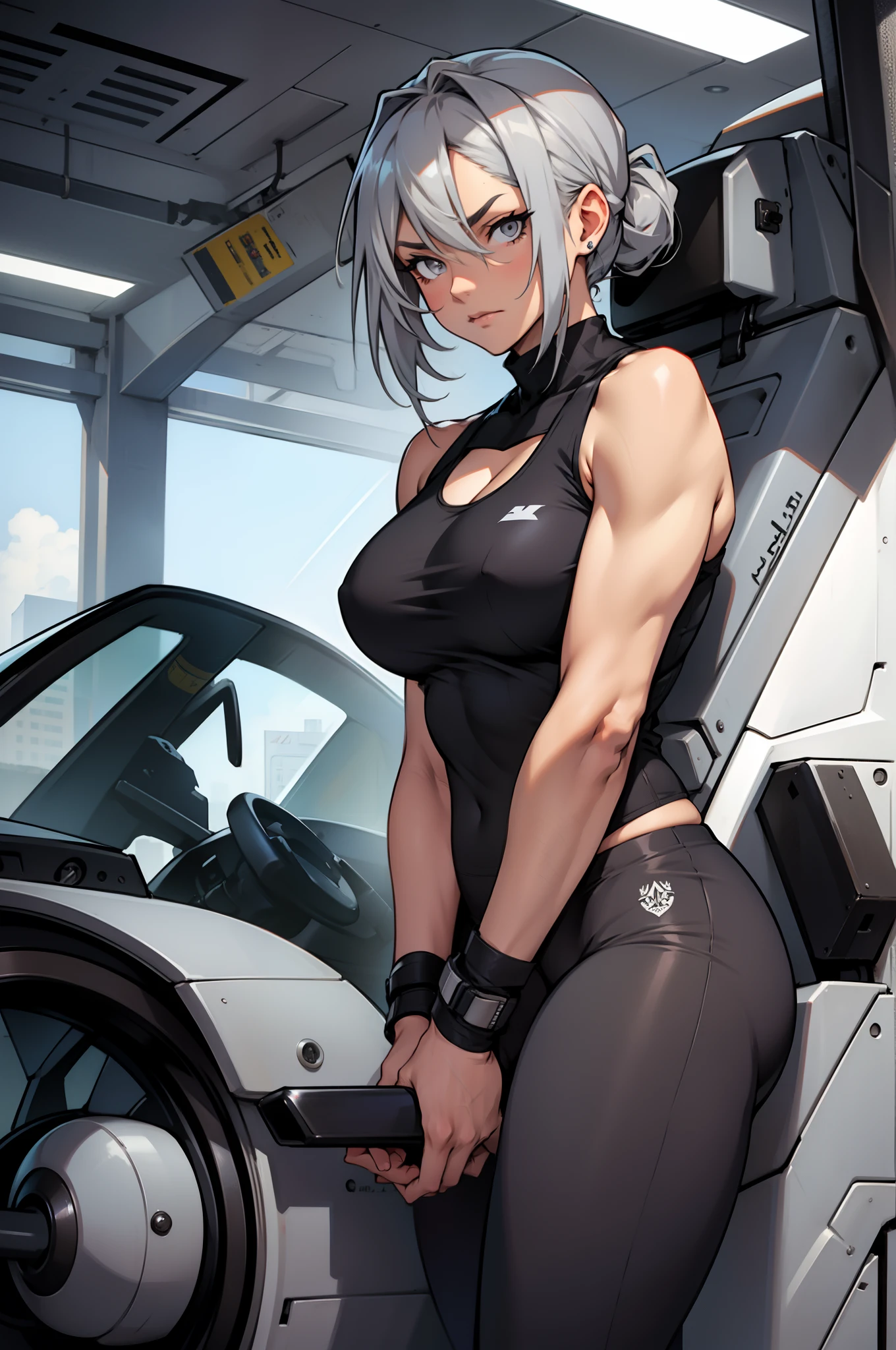 grey hair grey eyes (muscular) curvy (contempt expression) solo pilot suit tank top leggings (1 girl)