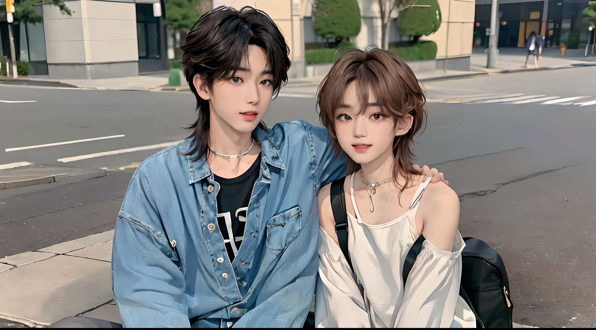 ((4K works))、masterpiece、(top-quality)、((high-level image quality))、Photos of men and women、Couple photo、a couple、((Brother and sister photo))、((Family Photography))、((With a manly boy))、((Kawaii Girl))、Slim body、((Jeans Fashion))、((Men's Fashion))、((Holding a backpack and iPhone in hand))、(Detailed beautiful eyes)、In a fashionable city、Sitting on the curb and listening to music、Face similar to Chaewon in Ruseraphim、((With a man with short hair over the ears))、((Girl with long hair below the shoulders))、((Smaller face))、((Neutral face))、((Light brown eyes))、((With a Korean boy))、((Korean Girl))、((With an 18-year-old man))、(())、((Handsome man))、((Teeth and smile expression))、((Korean Makeup))、((elongated and sharp eyes))、((photo of a model))、((Like a celebrity))、Professional Photos、((Shot by two))、((Sitting on the curb and listening to music through headphones))、((They sit in front of the viewer))、((Shot diagonally up from the front))、((Long-haired girl taking a picture with him))
