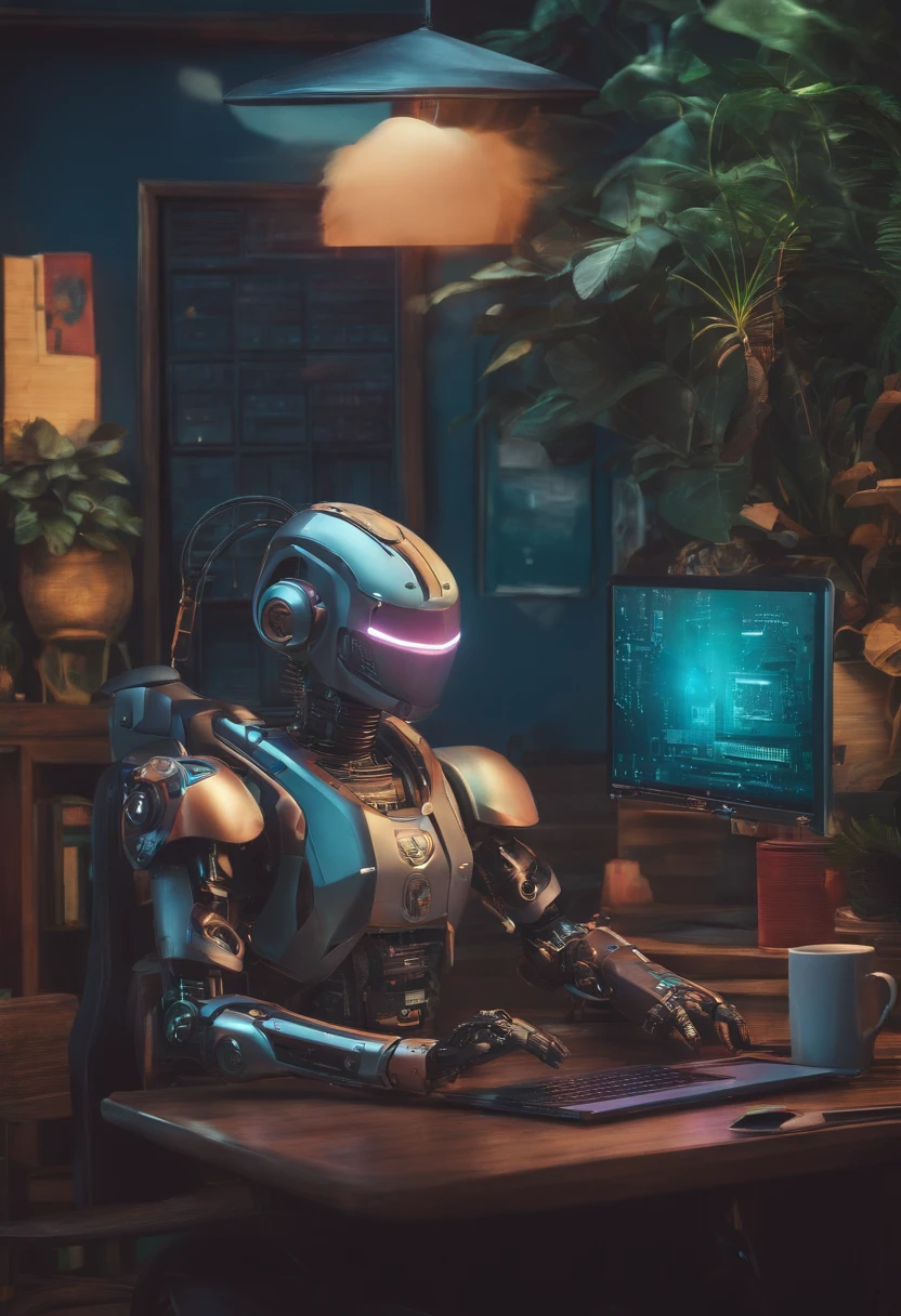 robo futurista saindo de dentro do laptop