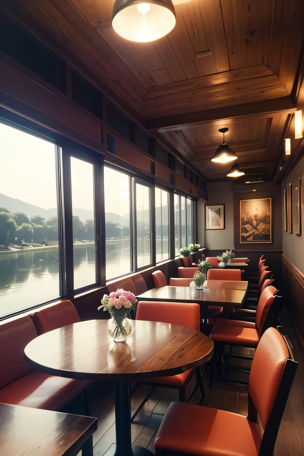 high quality,4k,8k,highres,masterpiece:1.2,ultra-detailed,realistic,photorealistic:1.37,inside a restaurant by the river,beautifully lit,studio lighting,vivid colors,realistic and vibrant details,wooden tables and chairs,full of natural elements,large windows overlooking the river,water reflections on the walls,exquisite paintings on the walls,fresh flowers on each table,delicious food beautifully presented,a bustling atmosphere with people enjoying their meal,faint background music,people smiling and chatting,waiters and waitresses serving with professionalism and grace,the sound of gentle waves outside,peaceful and relaxed ambiance