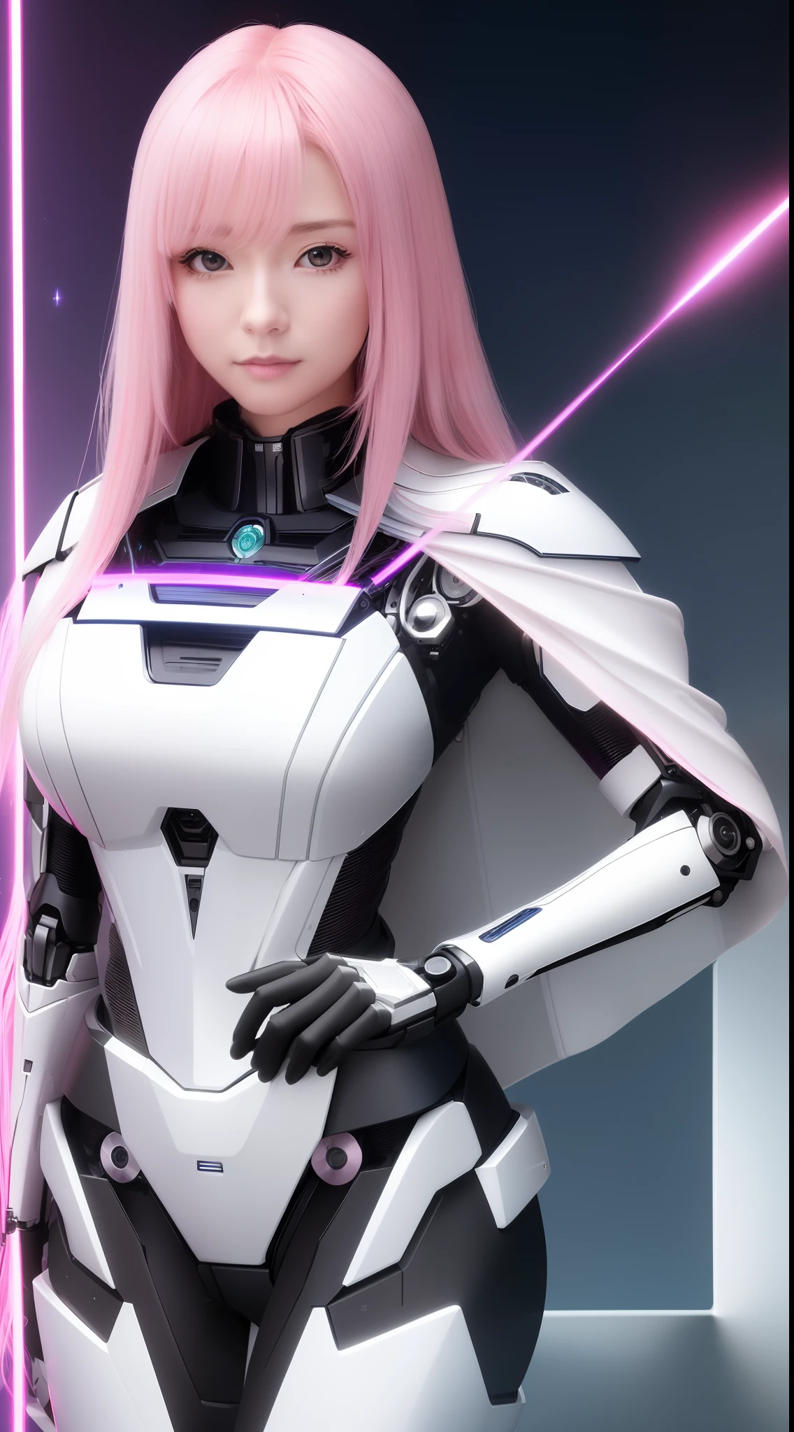 ((masutepiece)), ((top-quality), high quarity、ultra-definition, Realistic, (Ultra-fine face)、fulcolor 、scientific fiction、One beautiful robot police woman、droid、(Mechanical joints)、Machine body、(Parts of the machine)、Thick wire joints、White porcelain mechanical armor、(Curvaceous face)、deadpan、Pink Straight Hair、((Electronic substrate))、cloaks