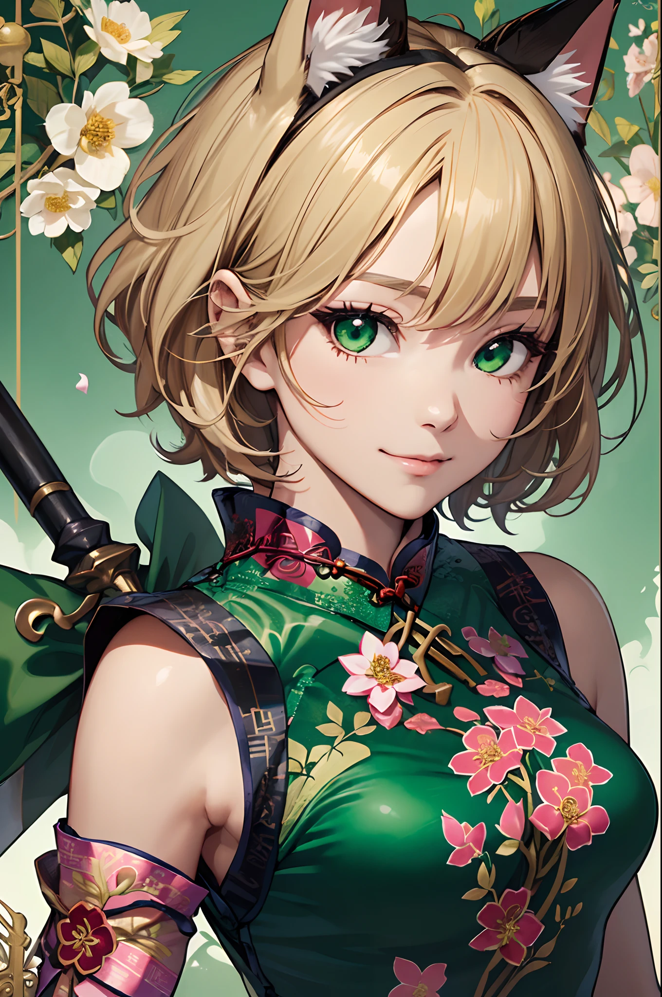 ((With halberd:1.6)), (Emphasis on weapons:1.3), (masutepiece: 1.3), (max resolution: 1.2), (Ultra HDTV: 1.2), cinematric light, 8K resolution,absurderes, hight resolution, ((Cat's ears)), (Official art, Beautiful and aesthetic:1.2), (Close View:1.2), Front composition, ((Twin Hair Bang Cover:1.3)), Solo, 1 girl in, (Blonde short hair:1.2), Gray hair, Wavy Hair, Smile,In combat style、Actions to move、(Green cheongsam:1.6), (Very attractive and fragile woman:1.2), (Floral background:1.2), (Background filled with flowers:1.4), (Fancy backgrounds:1.1),耳Nipple Ring, (Upper body:1.3)