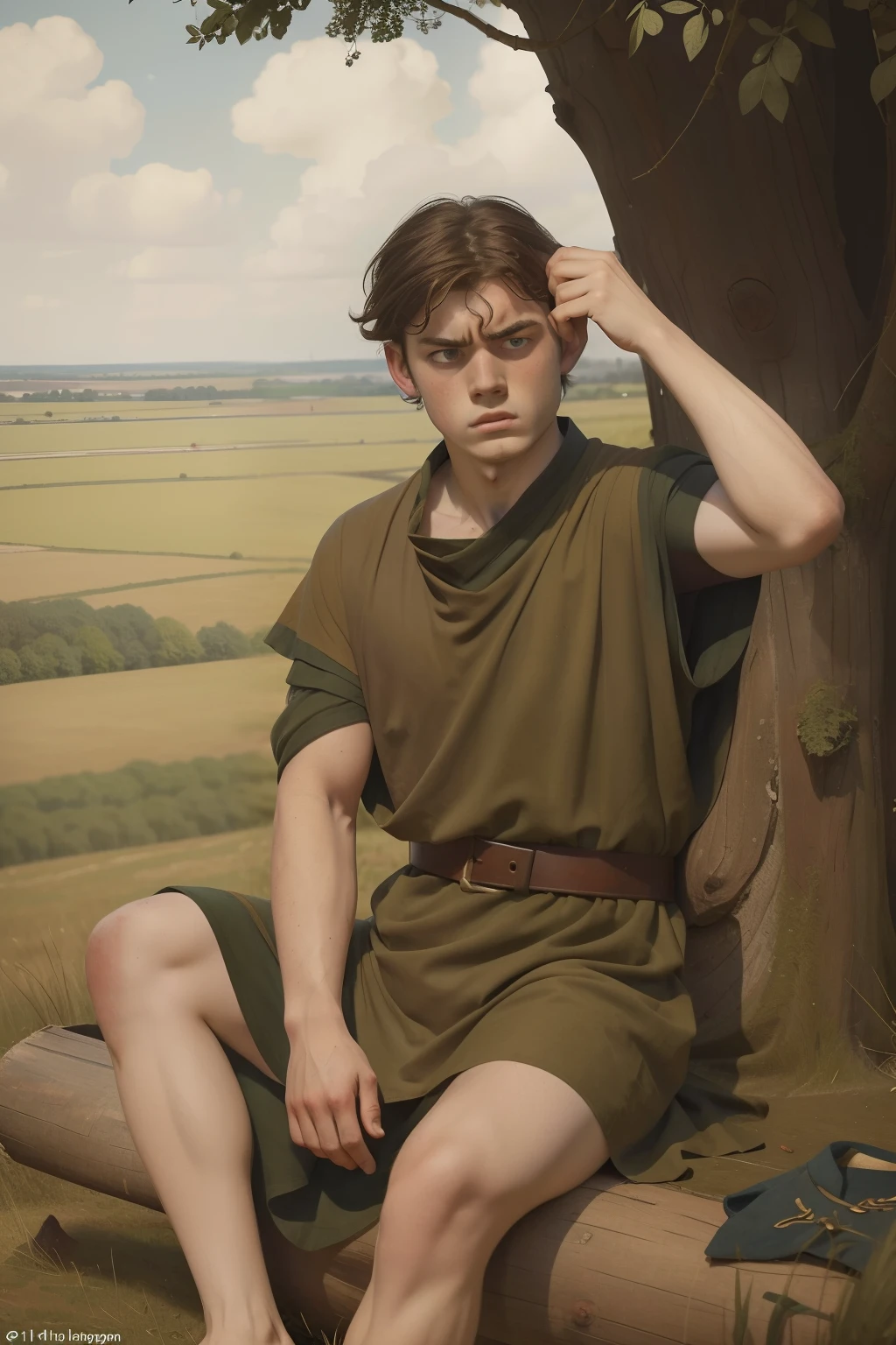 Year: 11th century. Location: Salisbury, England. Pre-raphaelite scene with a 17-year-old english boy, ((hangover)), hand on his head, ((broken bloody eyebrow)) after a fight, ((angry)) ((sad)), sitting on a log, ((((11th century plain dull tunic)))) ((11th century hairstyle)), (((cinematic style)))