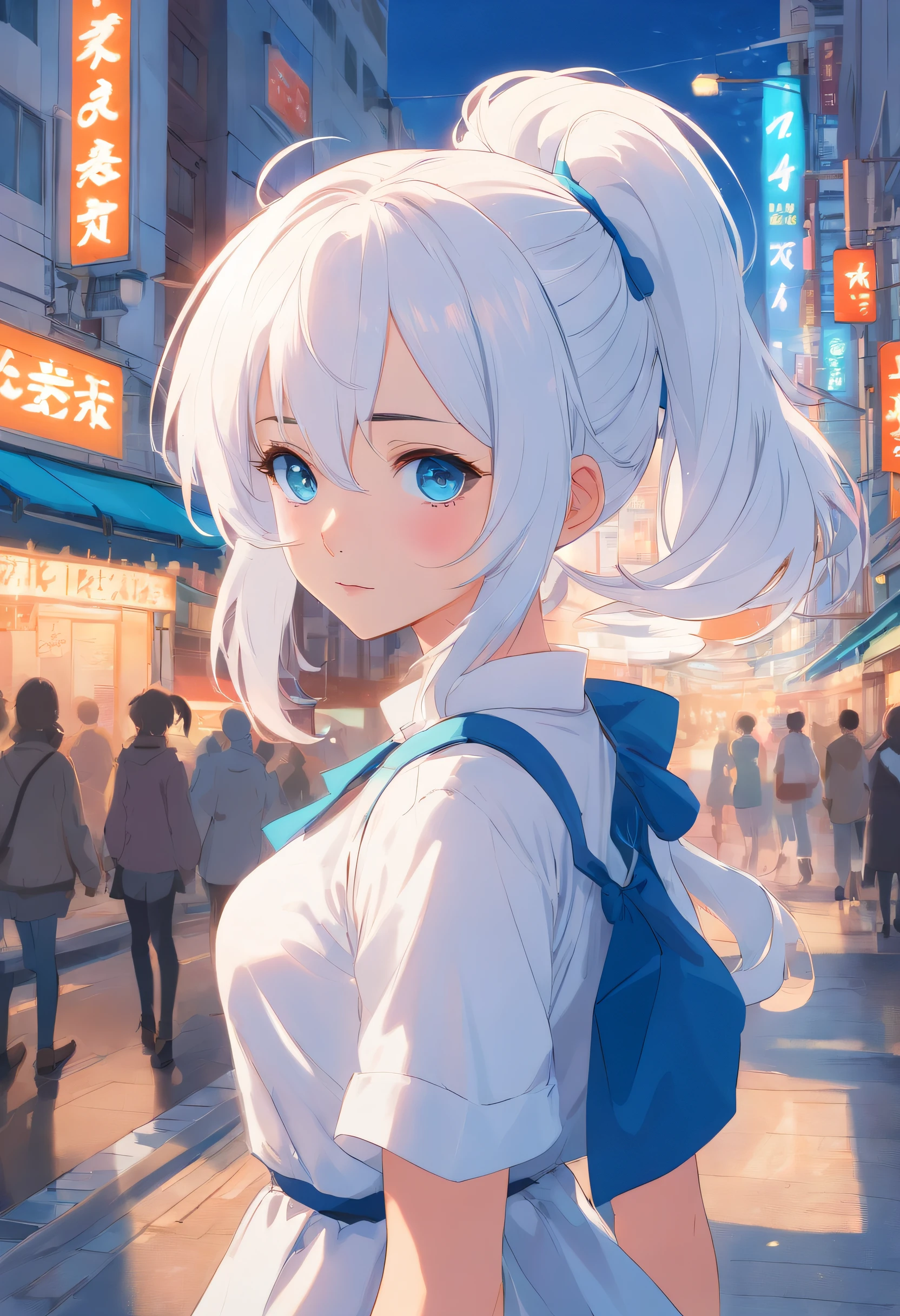 White color hair，Double ponytail curls，blue color eyes，White Lolita，Beth，A bustling city street