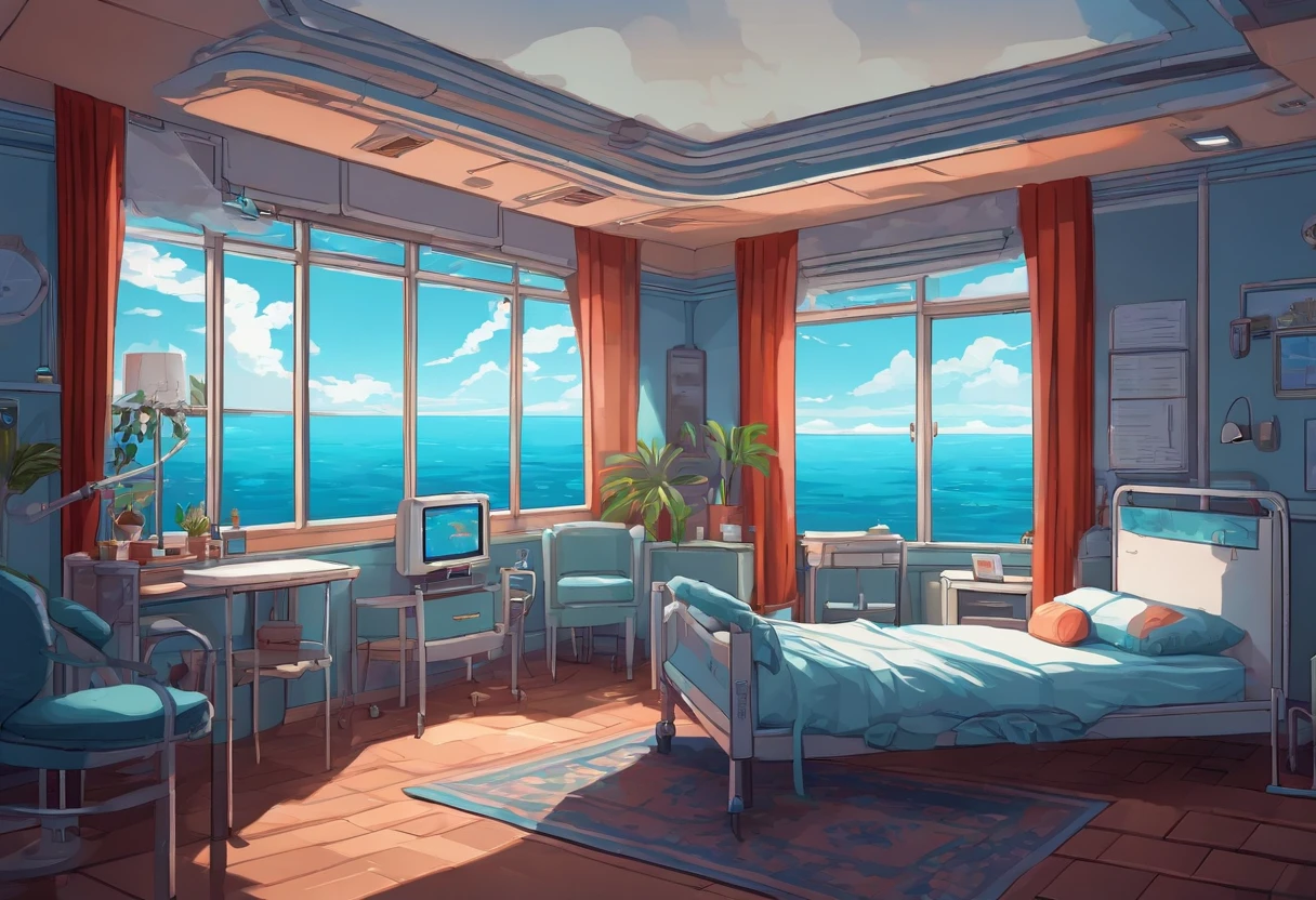 Pixel Art White Hospital Room Girl Bed Big Window Sky and Sea World of Hope