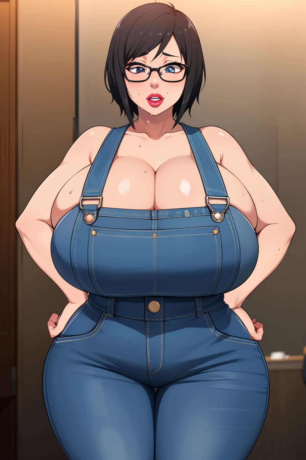 Shizune, 1girl, ((bimbo))), short black hair, glasses, painted lips, thick lips, wide hips, thick thighs, huge ass, bimbo face , enormous huge natural breasts, cleavage, dungarees, hanging breasts, ahegao face, hot, sweating,