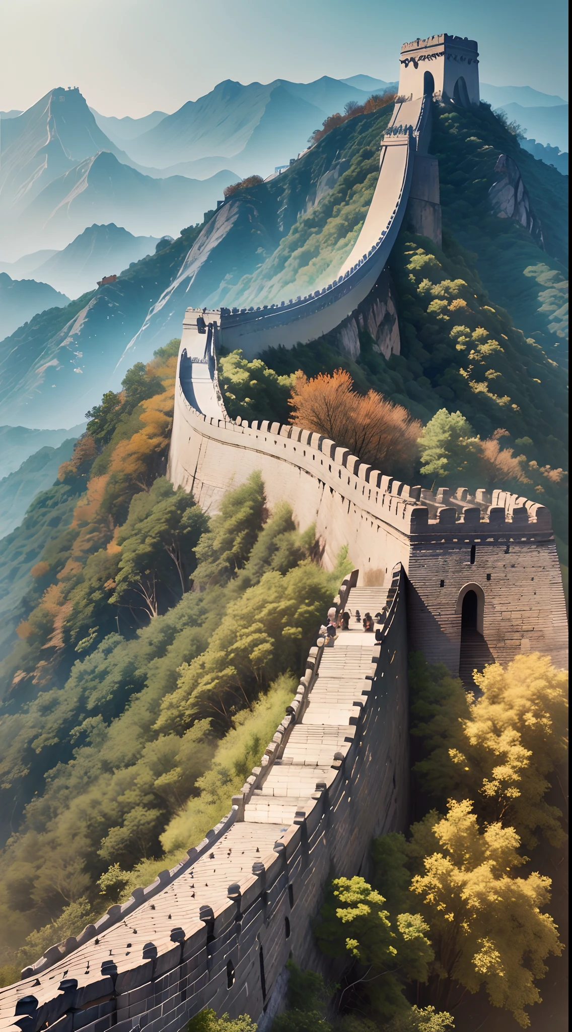 The Great Wall, the camera's view is at the beginning of the screen and its back facing the screen. The Camera occupies the center of the screen, leaving half the space above, and the Great Wall extends into the distance, 9:16,