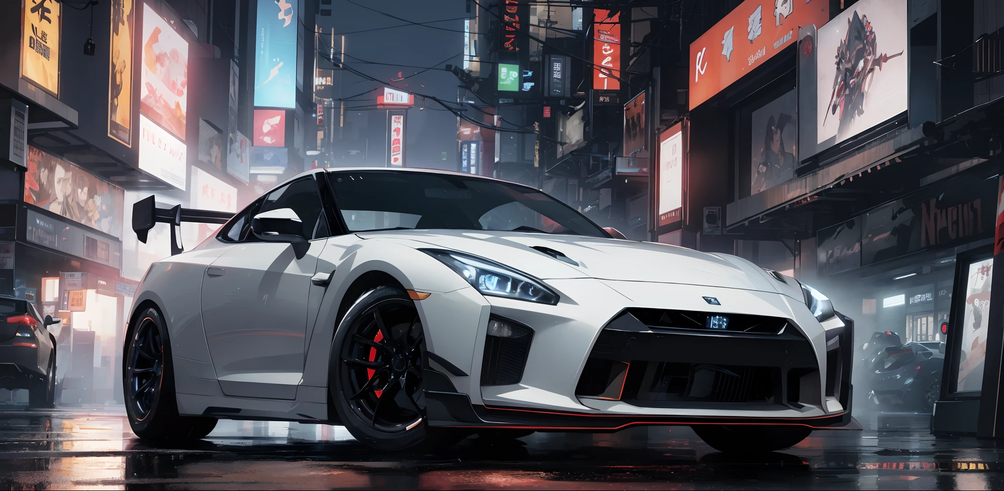 1 car, GTR r35, City street, futuristic, cyber, cyberpunk, night, rain, beautiful lighting, colorful lighting, super detailed, wallpaper, 8k quality, masterpiece