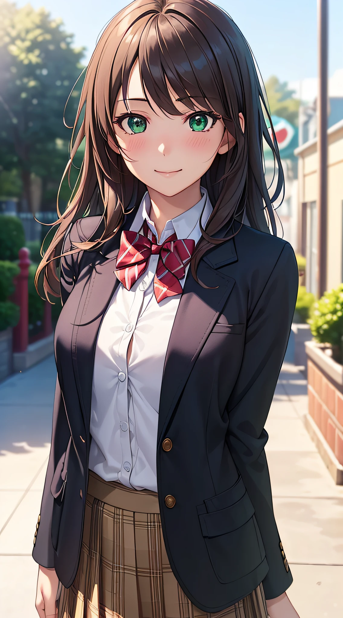 ((Masterpiece, Best quality, A high resolution, hyper HD, Perfect pixels, Depth of field, 4K, RTX, hdr))), 1girll, Single, Solo, Beautiful anime girl, Beautiful Art Style, anime figure, ((Long hair, bangs, Brown hair, Curly hair:0.8)), ((Green eyes:1.4, Rounded eyes, Beautiful eyelashes, Realistic eyes)), ((Detailed face, Blushing:1.2)), ((Smooth texture:0.75, Realistic texture:0.65, Photorealistic:1.1, Anime CG style)), Medium breasts, Dynamic Angle, Perfect body, ((Portrait, angle of view)), ((red bowtie, school uniform, Black jacket, Open jacket, Brown cardigan, White shirt, Black skirt, plaid skirts)), Smile, An amusement park