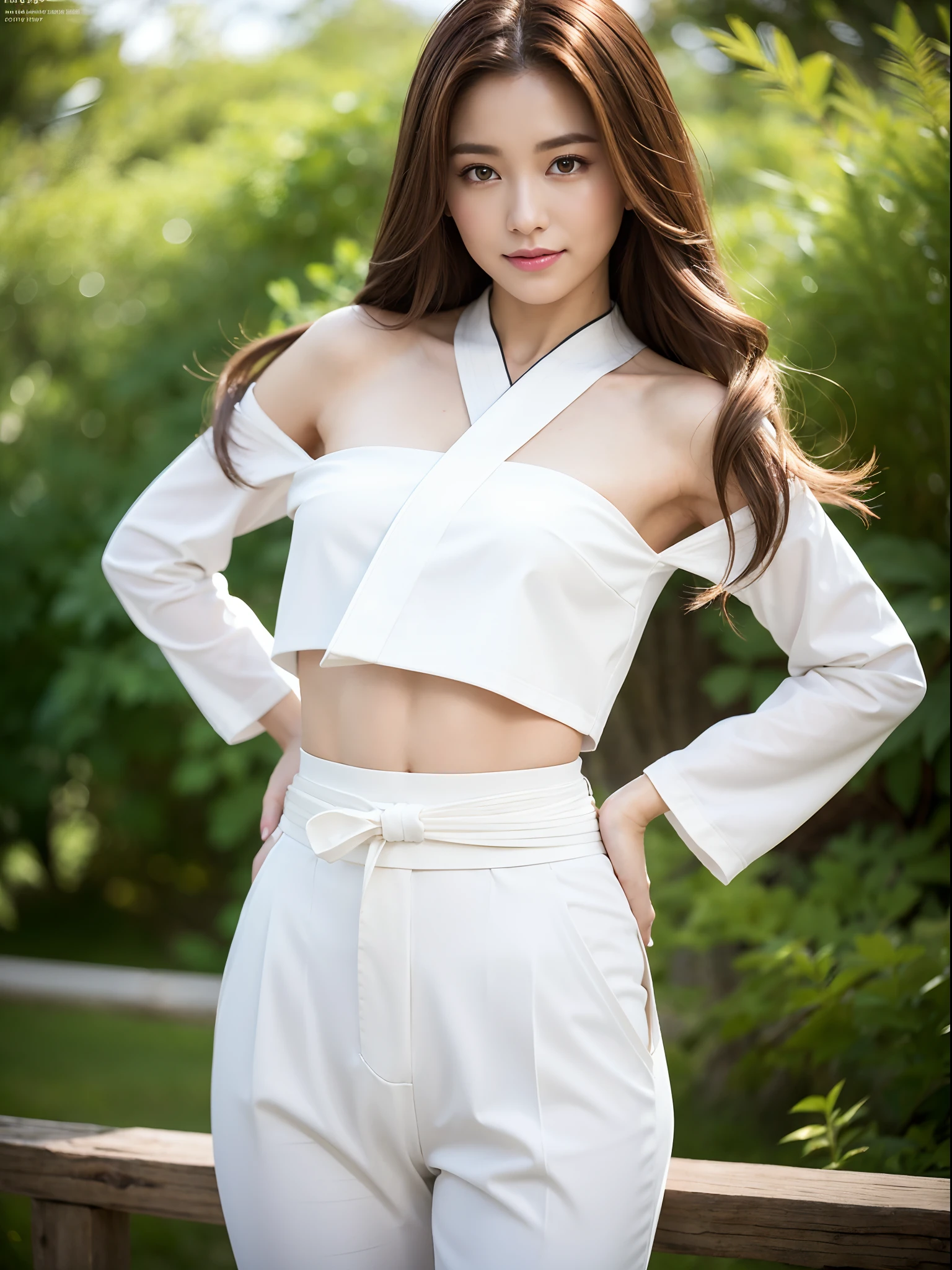 (Photorealsitic)Beautuful Women, (8K Beauty Full Body Portrait), Stand alone, White karate uniform with no stomach visible, White karate obi, White karate pants, 17 age, Perfect facial detail, attractive beautiful face, 二重まぶた, Beautiful detailed eyes, long eyeslashes, (Smile: 1.15), ligh brown hair, Hair that does not fall on the shoulders, TOKYOcty,1 female, Toned waist, Beautiful thin legs, toned ankles, bare-legged ,