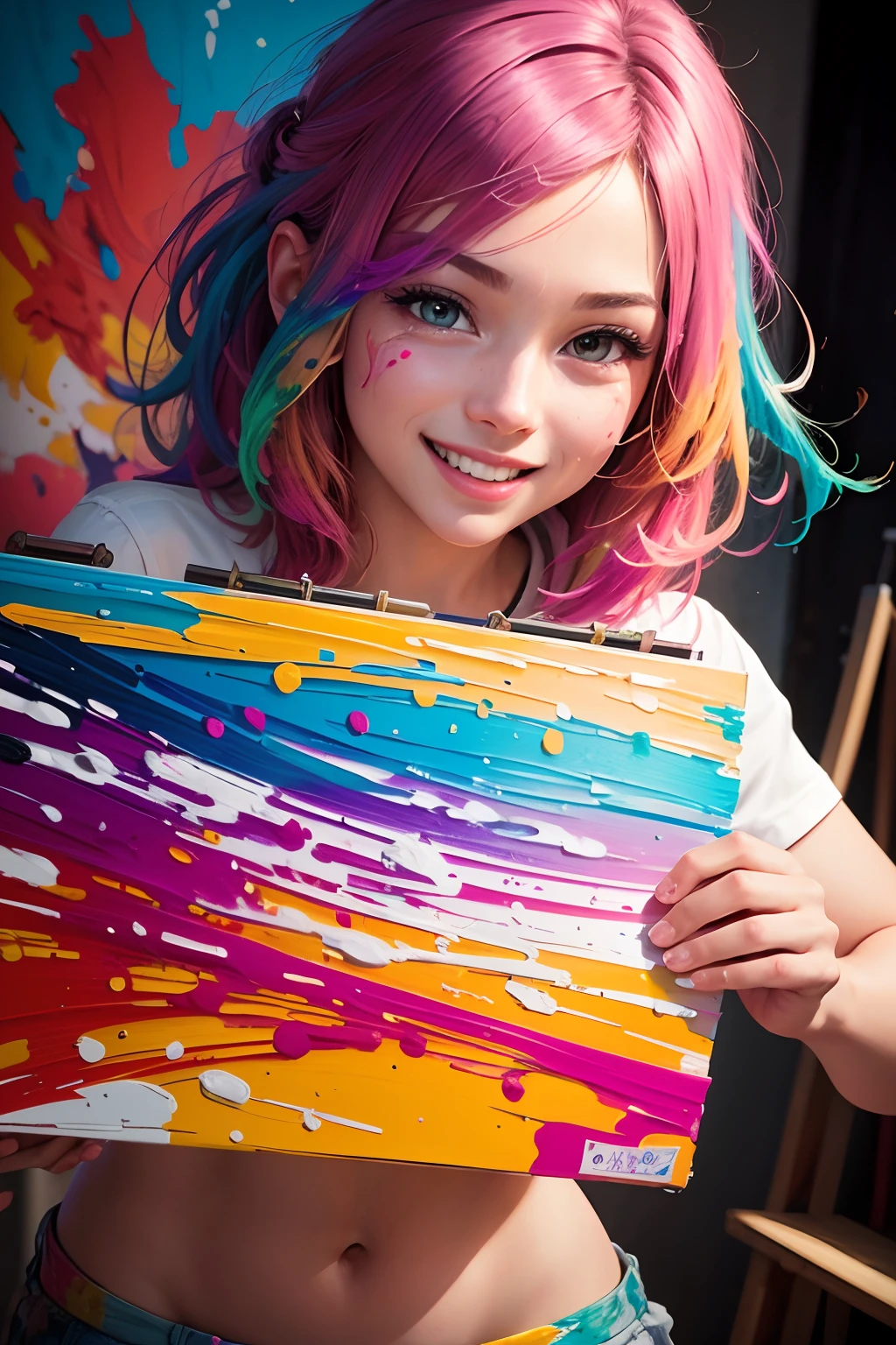 (best quality,ultra-detailed),(realistic:1.37)girl painting a picture,smiling,covered in paint,eager expression,artistic creativity,joyful,playful,happy,expressive,beautiful bright colors,imagination,artistic talent,passion for art,colorful mess,paint splatters,strokes of paint,artistic masterstroke,creative process,imagining the final result,inspiration,artistic creation,vivid imagination,painting tools,artist's palette,canvas,artistic expression,brush strokes,creative journey,artistic endeavors,artistic fulfillment,creative energy,artistic atmosphere,artistic creation,expressive features,playful atmosphere,artistic playfulness,lively art scene,artistic triumph,dynamic composition,lively artwork,colorful and vibrant,result of artistic expression,energetic brushwork,colored masterpiece.