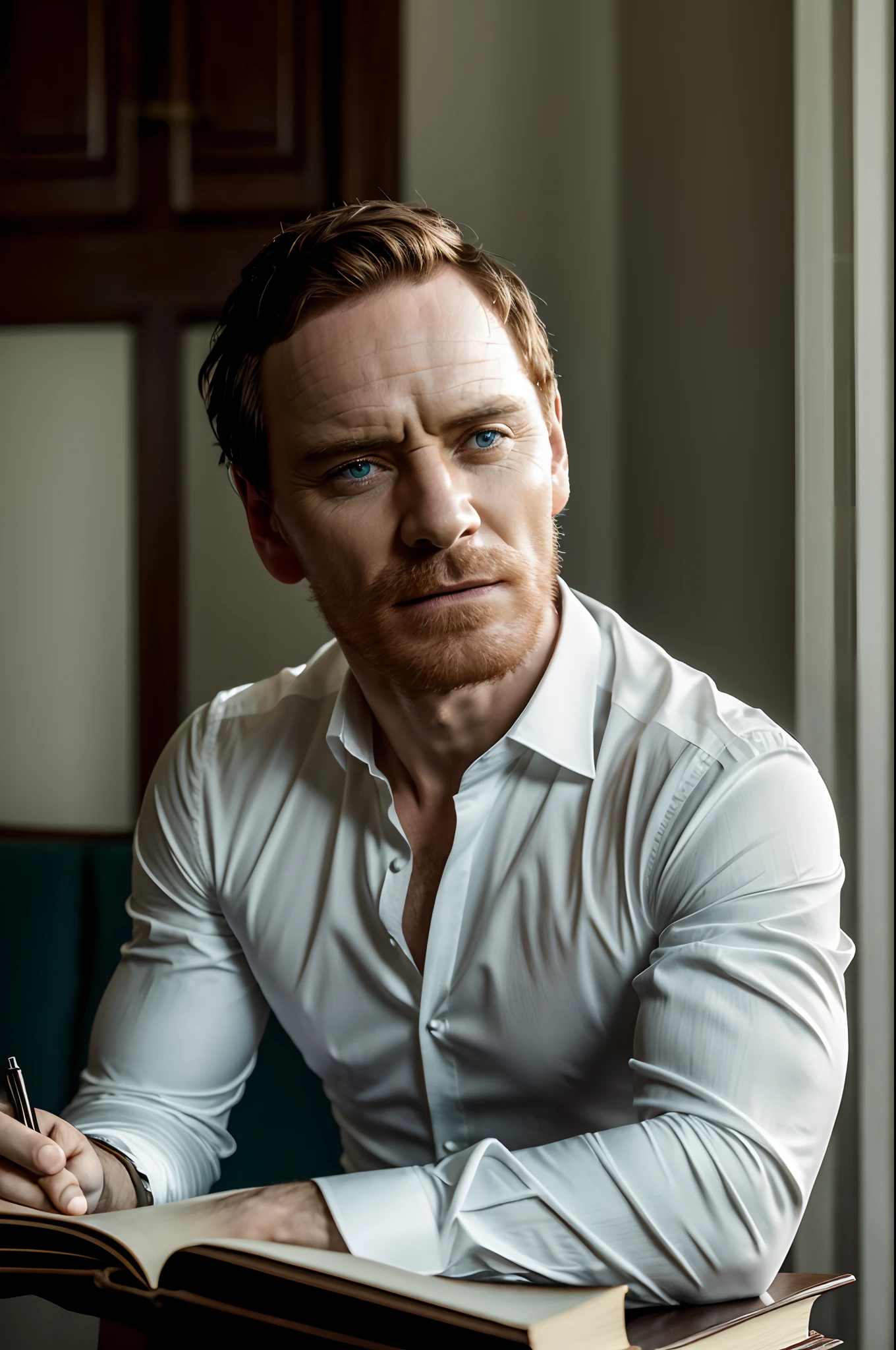 ((Michael Fassbender)), Homem de terno sentado em uma cadeira lendo um livro, epic and elegant portrait, bonito e elegante, Erwin Olavo, como James Bond, Directed by: Emma Andijewska, Pose elegante real, homem bonito, retrato promocional, sentado em sua cadeira. intrincado, fotografia editorial, retrato elegante, alta resolução, Directed by: Derek Zabrocki, imagem de alta qualidade