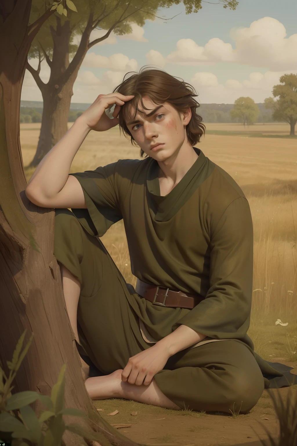 Year: 11th century. Location: Salisbury, England. Pre-raphaelite scene with a 17-year-old english boy, ((hangover)), hand on his head, ((broken bloody eyebrow)) after a fight, ((angry)) ((sad)), sitting on a log, ((((11th century plain dull tunic)))) ((11th century hairstyle)), (((cinematic style)))