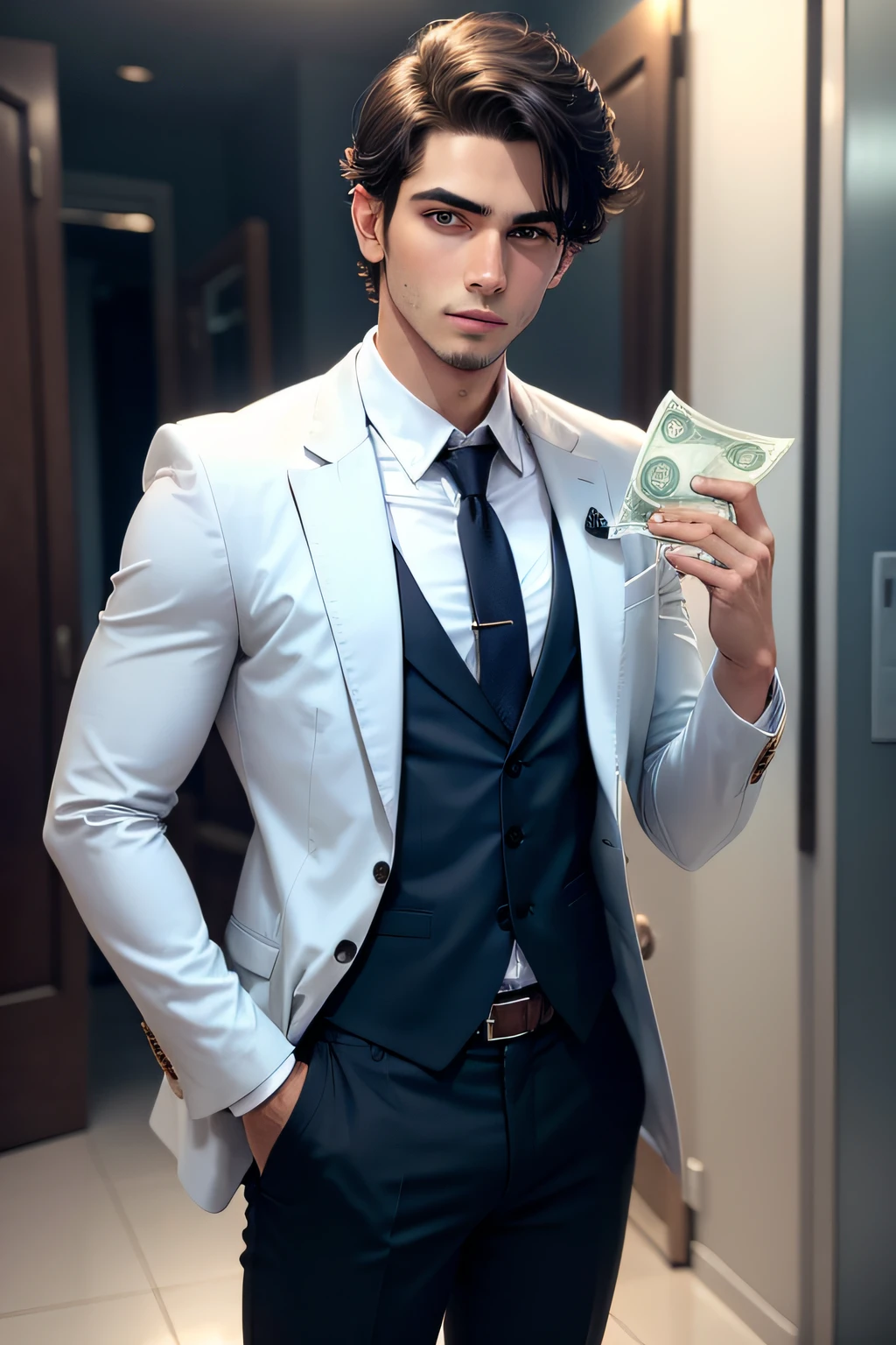 um homem jovem e elegante, usando terno e gravata, with one hand in his pocket and the other holding money