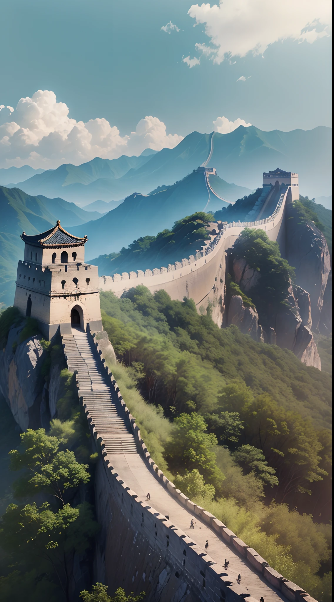 The Great Wall, the camera's view is at the beginning of the screen and its back facing the screen. The Camera occupies the center of the screen, leaving half the space above, and the Great Wall extends into the distance, 9:16,