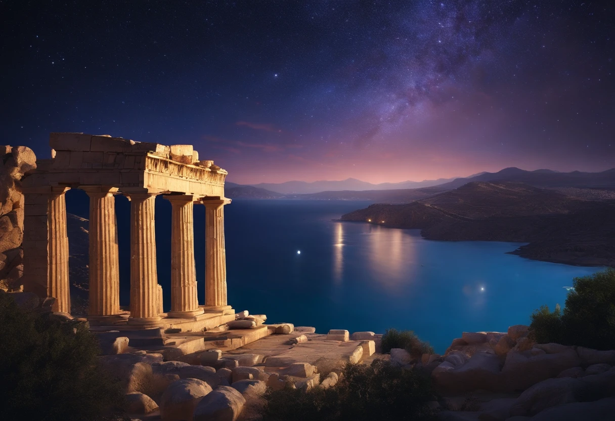 scenery, ruins of ancient Greece, destruction, starry sky, 8k, cinematographic