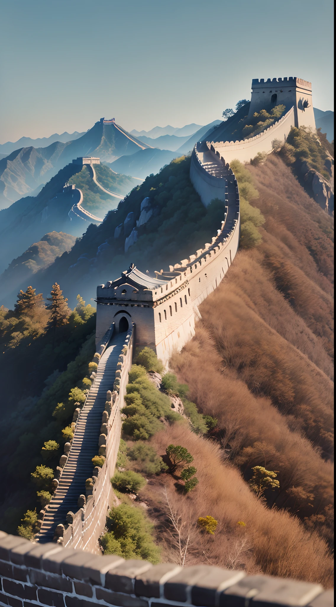 The Great Wall, the camera's view is at the beginning of the screen and its back facing the screen. The Camera occupies the center of the screen, leaving half the space above, and the Great Wall extends into the distance, 9:16,