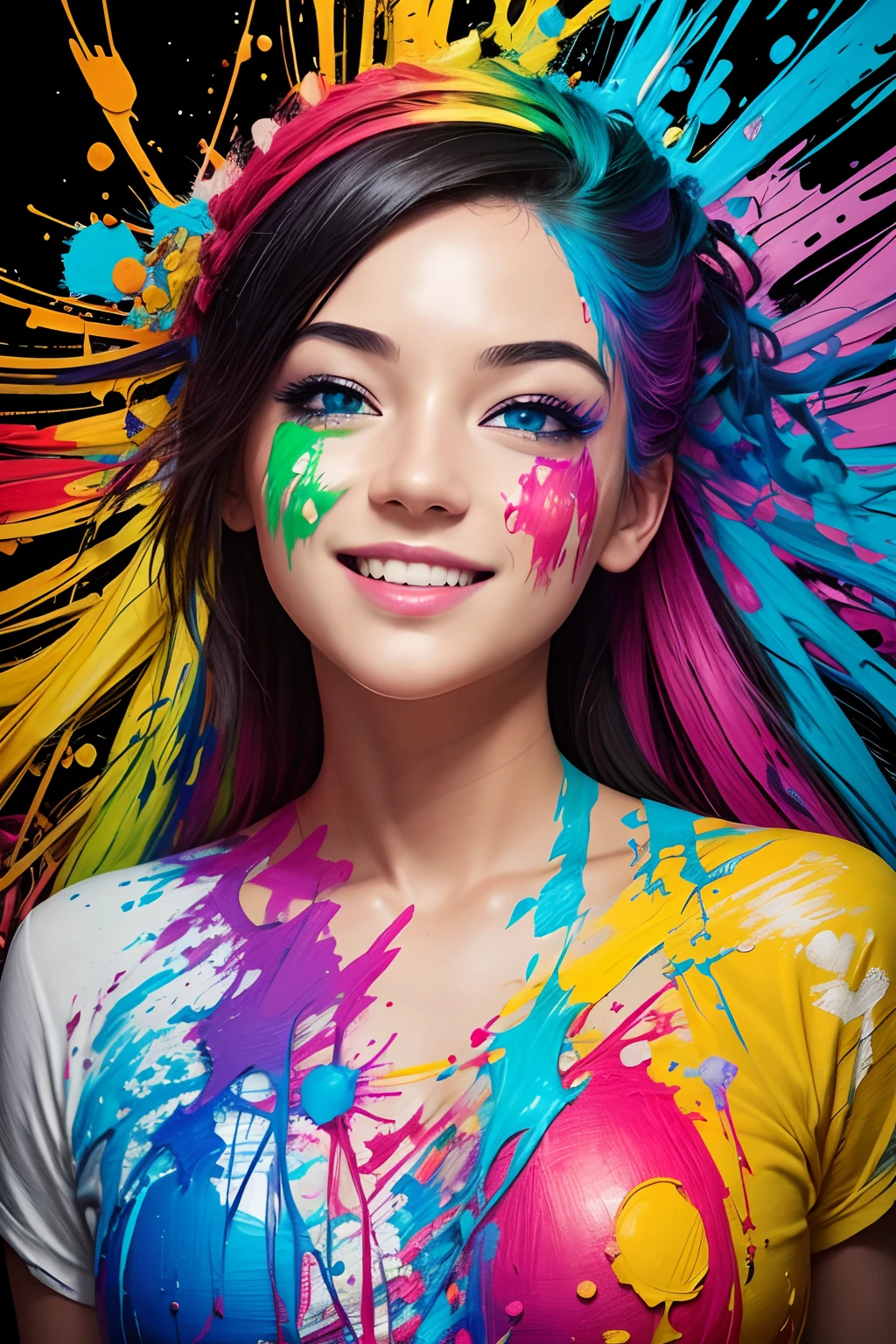 (Best Quality,Ultra-detailed),(Realistic:1.37)Girl draws a picture,Smiling,Covered with paint,An impatient expression on his face,Artistic creativity,Joyful,Playful,Happy,expressive,Beautiful bright colors,imagination,Artistic talent,Passion for art,Colorful clutter,paint splatter,paint strokes,The Artist's Move,The Creative Process,Presentation of the final result,inspiration,Artistic creativity,Vivid imagination,Drawing tools,Artist's palette,canvas,Artistic expression,brush strokes,A creative journey,Artistic endeavors,Artistic performance,Creative energy,artistic atmosphere,Artistic creativity,Expressive features,Playful atmosphere,Artistic playfulness,Live Art Scene,Artistic triumph,Dynamic composition,Living works of art,Colorful & Vibrants,The result of artistic expression,Energetic manner of writing,A colorful masterpiece.