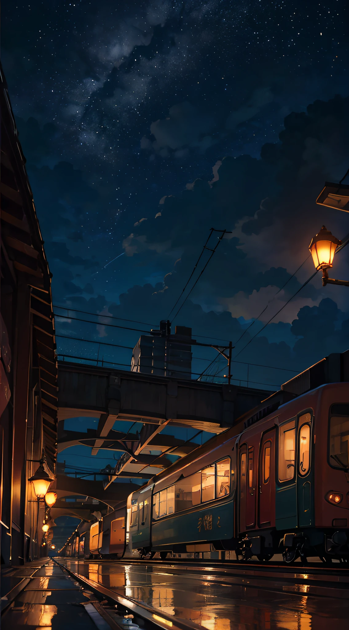 High quality masterpiece, landscape, anime train passing through bodies of water on tracks, bright starry sky. Romantic train, pixiv, concept art, lofi art style, reflection. by Makoto Shinkai, lofi art, Beautiful anime scene, Anime landscape, detailed scenery —width 672, in style of Makoto shinkai, style of Makoto shinkai, enhanced details.