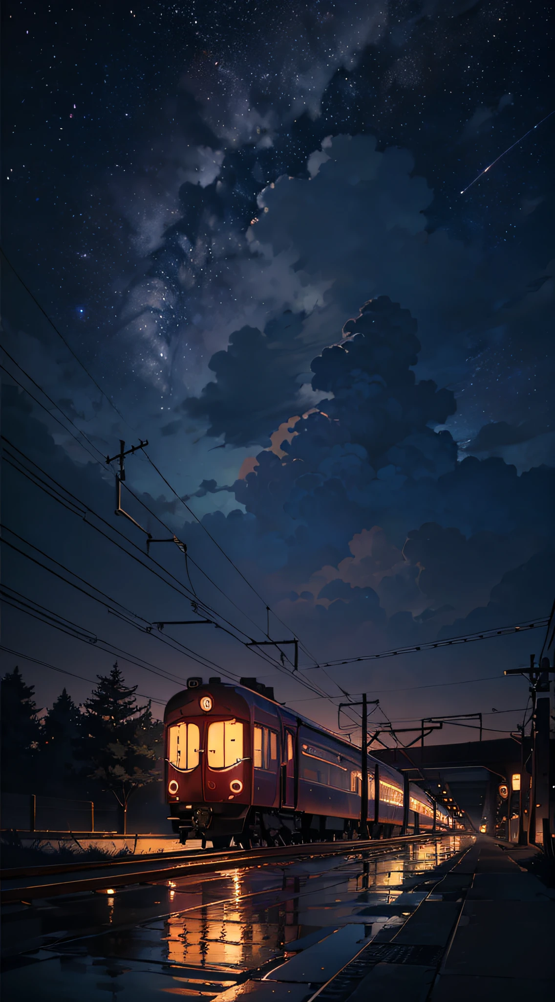 High quality masterpiece, landscape, anime train passing through bodies of water on tracks, bright starry sky. Romantic train, pixiv, concept art, lofi art style, reflection. by Makoto Shinkai, lofi art, Beautiful anime scene, Anime landscape, detailed scenery —width 672, in style of Makoto shinkai, style of Makoto shinkai, enhanced details.