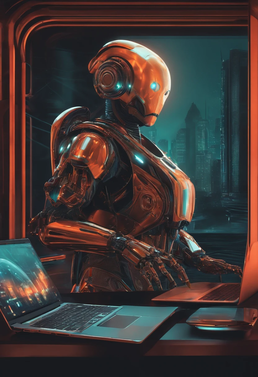 futuristic style robo coming out from inside the laptop screen and a person looking scared at this situation.