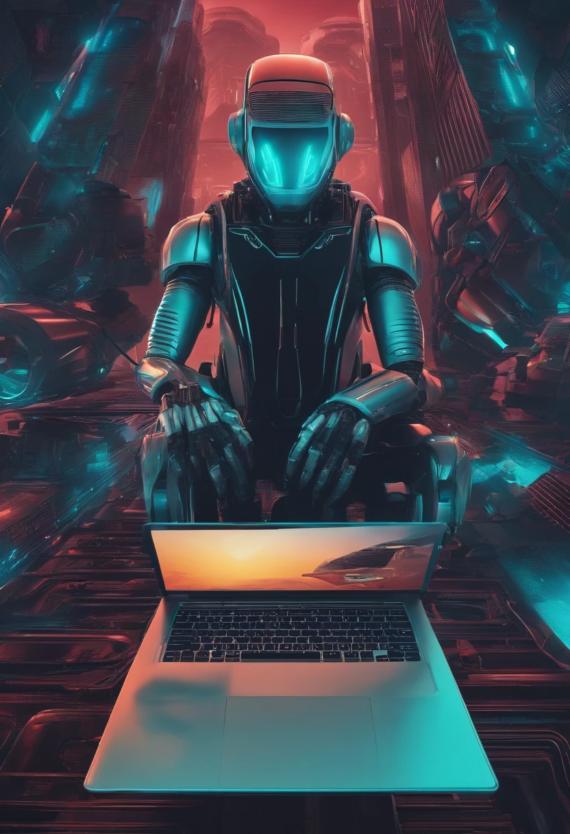 futuristic style robo coming out from inside the laptop screen and a person looking scared at this situation.