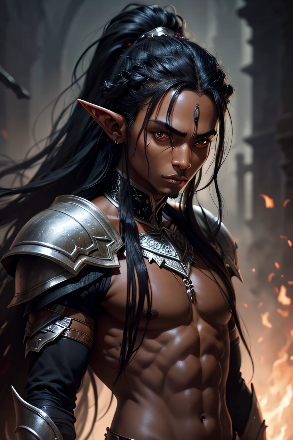 elf, handsome male elf, black skin tone,black man,armor,greenish and dirty skin, long hair up to the neck, curve black hair, especially black, Dark scene, Shot in 16K resolution, high resolution, anatomically realistic digital painting, very detailed skin, very detailed eyes, threatening and cold eyes, facial expression of contempt, around him has several shadows of terrifying death.