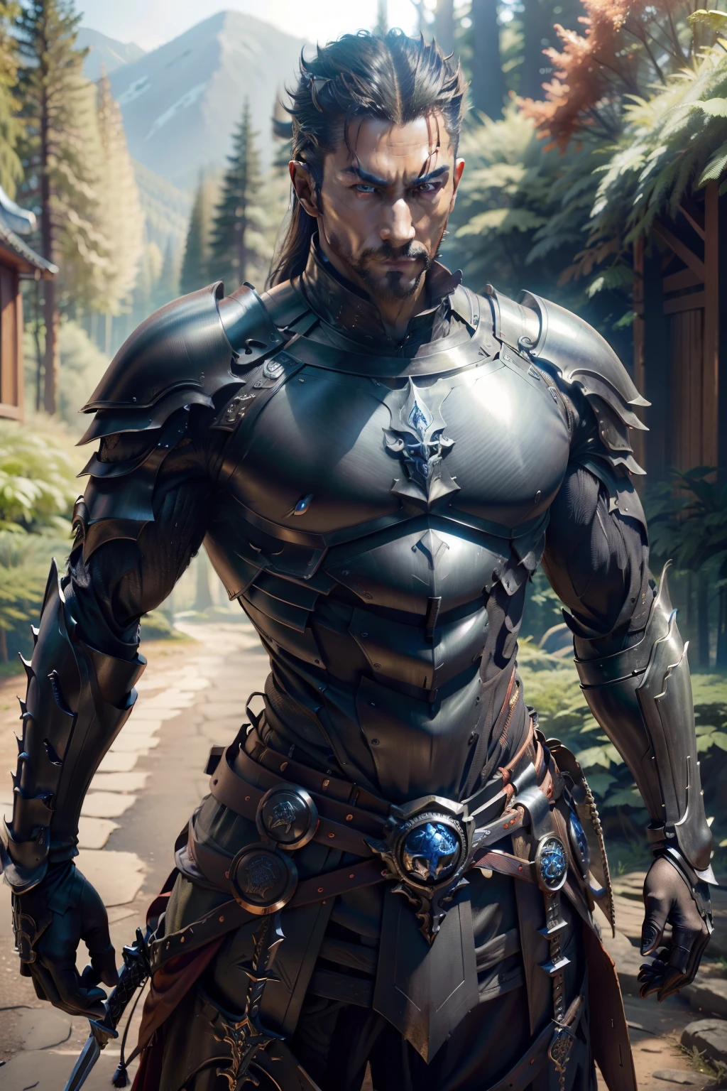 超A high resolution、An ultra-high picture quality、8K、Detailed details、Upper body view、marvelous expression、Fantastic forest landscape、、Fantastic worldview、Devilmen、Thin macho、Dressed in metal armor、Niō Standing、sword in hands、