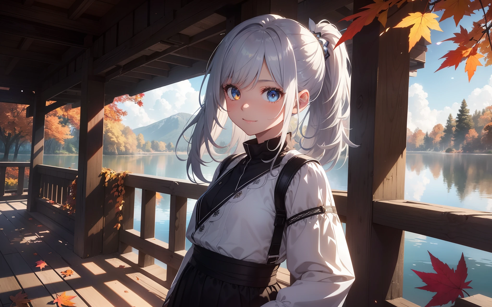 Top quality, photorealistic, super detailed, delicate, orderly, high detail, bluish-silver ponytail, (drooping heterochromic iris: 1.3), child, 10 years old, embarrassing, smile, slender, cowboy shot, blurred background, (1 girl: 1.1), game CG, dynamic angle, (bioluminous hair, glowing eyes: 1.2), Ambient occlusion, ambient light, ray-traced reflection, glow, glowing aura, glowing hair, autumn, autumn leaves, dancing autumn leaves, autumn leaves reflected on the surface of the lake,