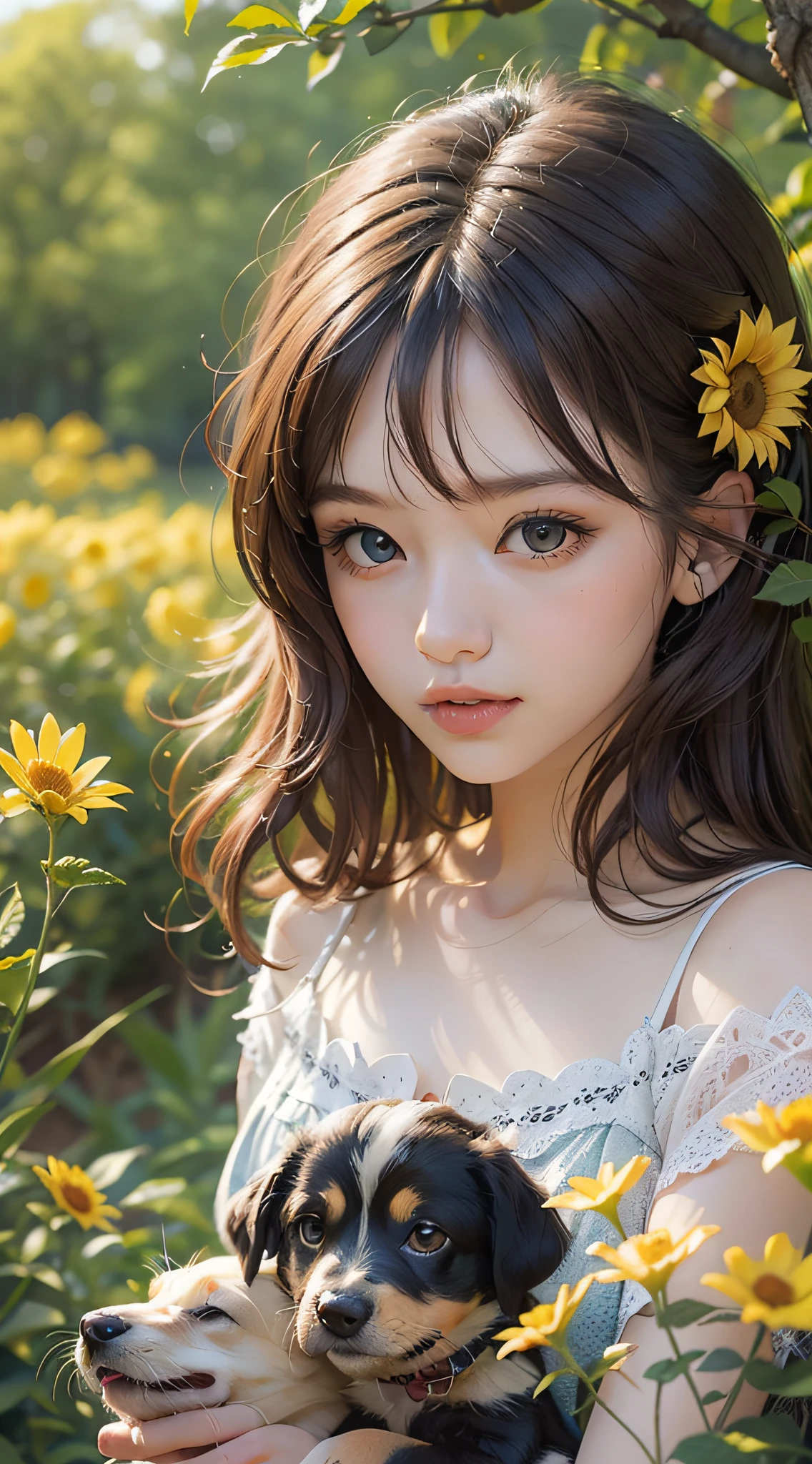 A charming little girl,Brunette and her cute puppy,Enjoy a lovely spring outing surrounded by beautiful yellow flowers and nature。Country lanes,Fenced cottage,The illustration is a high-definition illustration in 4K resolution,With very detailed facial features and cartoon-style visuals。