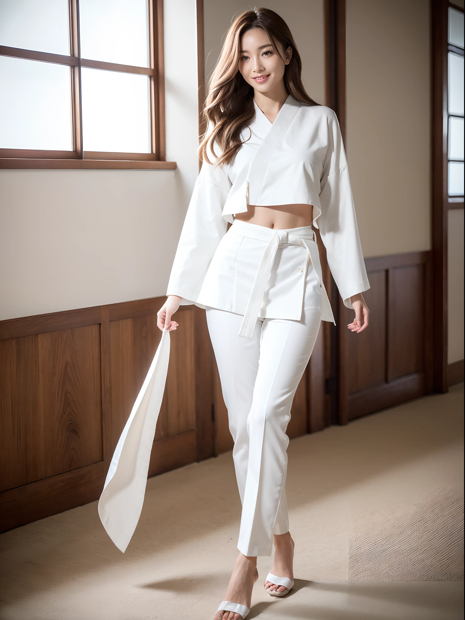 (Photorealsitic)Beautuful Women, (8K Beauty Full Body Portrait), Stand alone, White karate uniform with no stomach visible, White karate obi, White karate pants, , Perfect facial detail, attractive beautiful face, 二重まぶた, Beautiful detailed eyes, long eyeslashes, (Smile: 1.15), ligh brown hair, Hair that does not fall on the shoulders, TOKYOcty,1 female, Toned waist, Beautiful thin legs, toned ankles, bare-legged ,