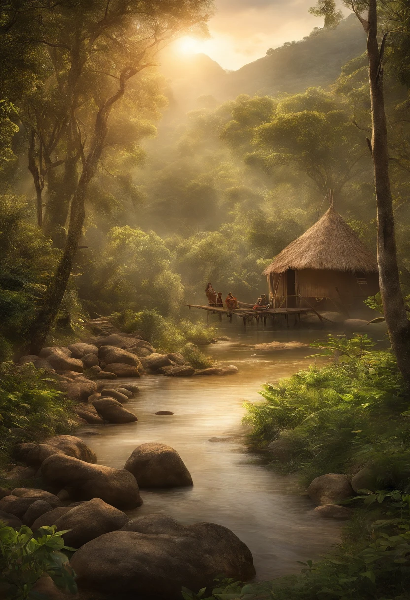 In a Mesolithic human settlement dated to about 11,000 a.C., A vivid and detailed scene unfolds. The warning shows the beauty of this age through the following elements::
Assentamento humano, natural: The focal point of the image is a bustling human settlement in a serene natural environment. The settlement consists of huts made of wood and animal skins, misturando-se perfeitamente com a paisagem circundante.
luscious greenery, floresta densa: O assentamento encontra-se aninhado dentro de um exuberante, floresta densa, with towering trees and vibrant foliage. The forest provides a sense of tranquility and harmony with nature.
Rio Cristalino: Um rio cristalino serpenteia pelo assentamento, its sparkling water reflecting sunlight. The river not only serves as a source of life and sustenance, but it also adds a calming element to the image.
Hunter-gatherer activities: Dentro do assentamento, Individuals are involved in various hunter-gatherer activities. Some are seen hunting with bows and arrows, while others are picking fruits and nuts. This element illustrates the close connection between humans and nature during this time.
luz solar dourada quente: The image is bathed in warm, golden light, casting a soft glow over the scene. A luz do sol cria uma atmosfera serena e convidativa, enhancing the overall beauty of the settlement.
tons suaves de terra: A paleta de cores da imagem consiste em tons suaves de terra, espelhando o ambiente natural. This color scheme enhances the harmonious and organic feel of the scene.
Every detail in this prompt aims to capture the essence of Mesolithic human settlement, mostrando a beleza do ambiente, a desenvoltura de seus habitantes, and the peaceful coexistence between the human being and nature.