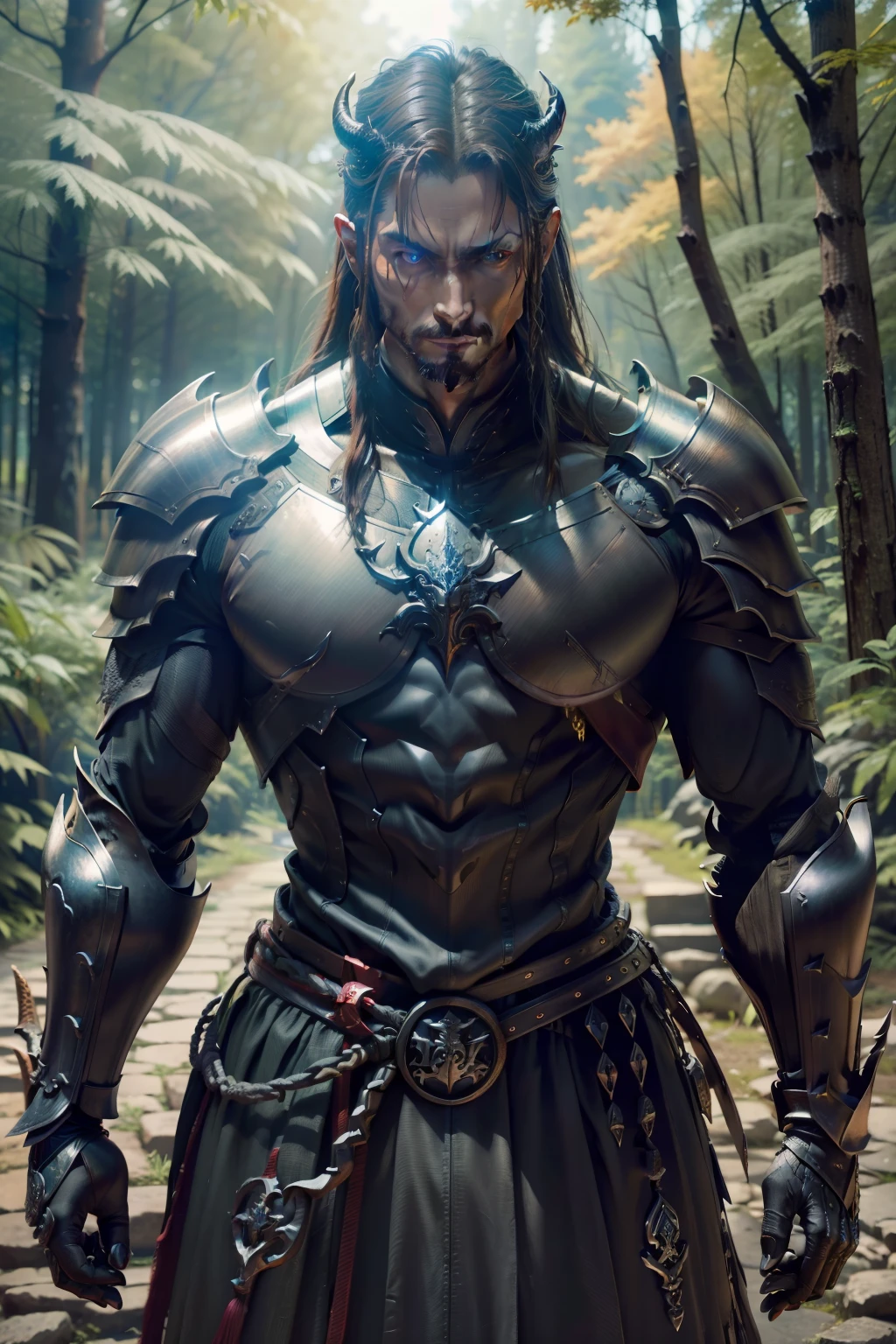 超A high resolution、An ultra-high picture quality、8K、Detailed details、Upper body view、marvelous expression、Fantastic forest landscape、、Fantastic worldview、Devilmen、Thin macho、Dressed in metal armor、Niō Standing、sword in hands、