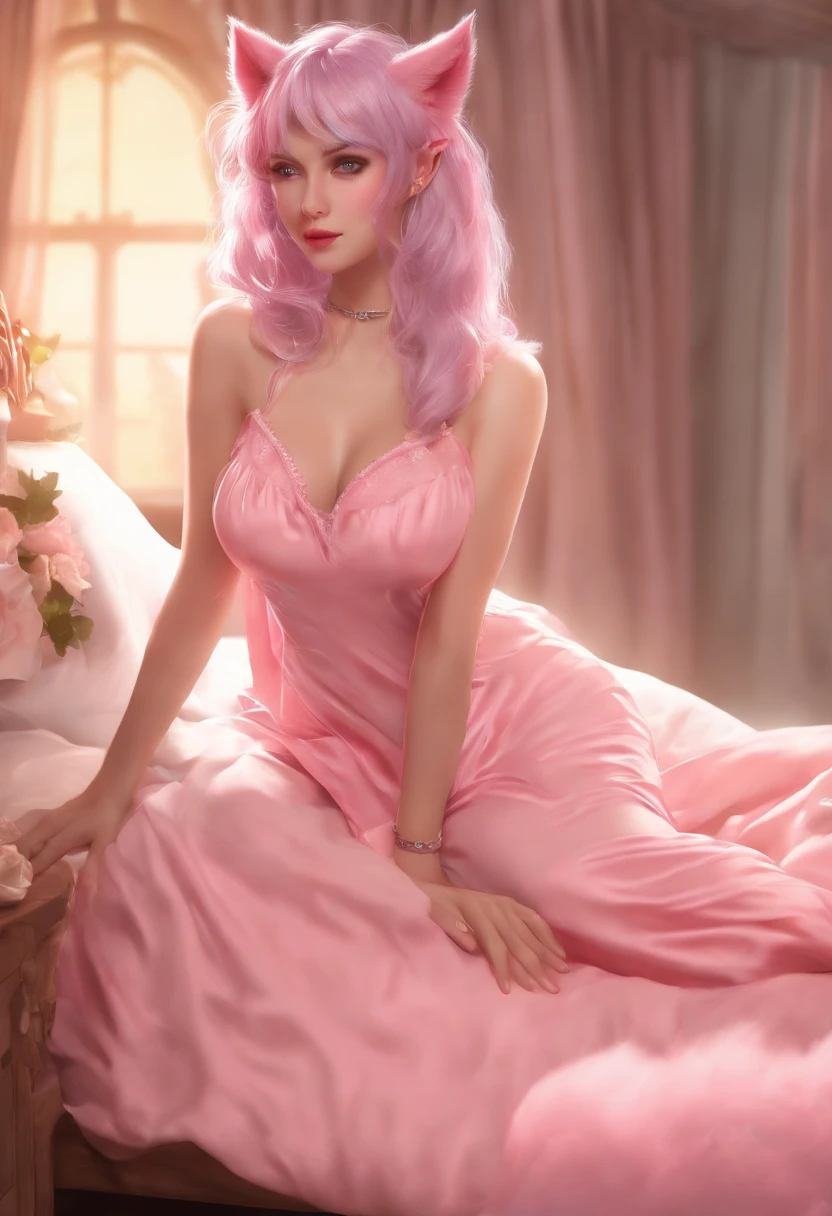 (best quality,4k,8k,highres,masterpiece:1.2),ultra-detailed,(realistic,photorealistic,photo-realistic:1.37),werewolf,pink wolf ears,blue pupils,drooling,anime,pink hair,topless,exposed,pink dress,thighs glowing,holding up the dress with both hands,bedroom,on the bed,genitals exposed