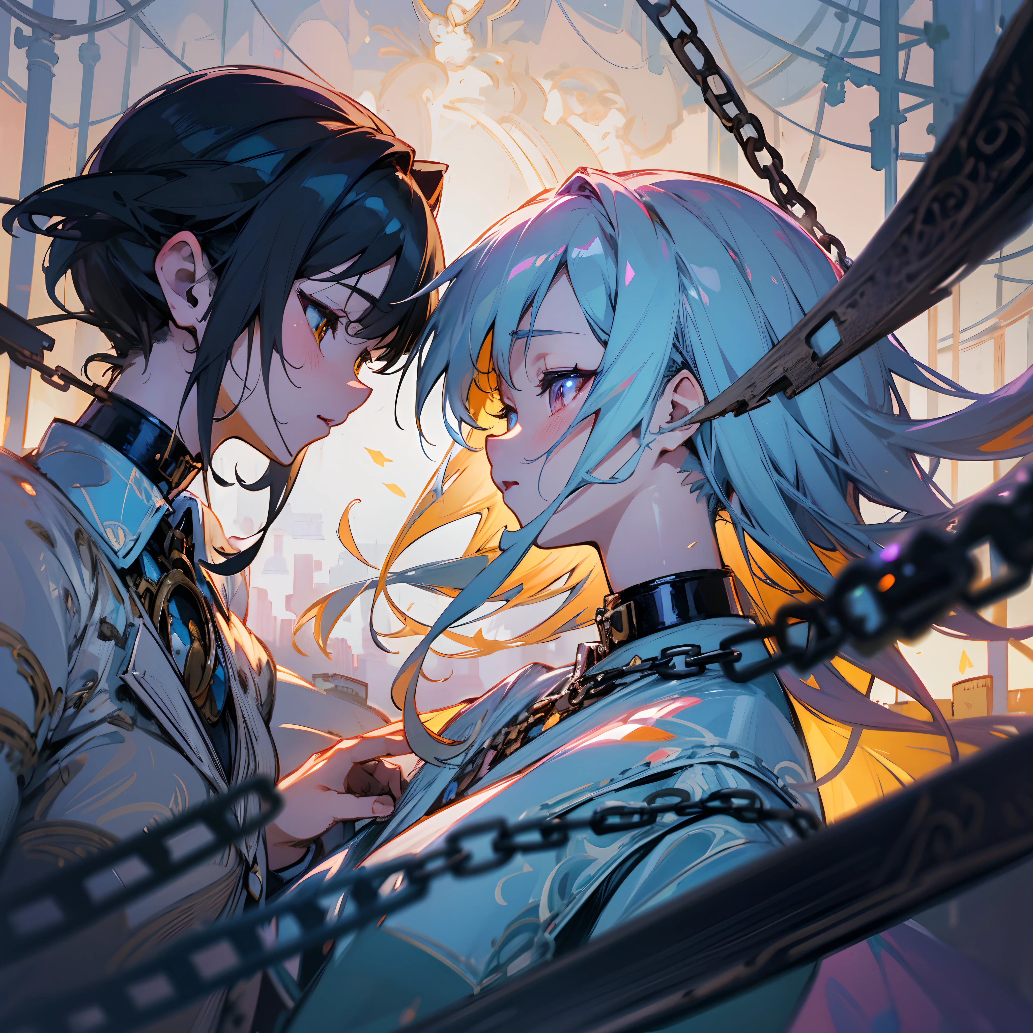 Japanimation, eroge, cat ear, 16k, absurd resolution, absurd detailed, (((masterpiece))), town, cinematic composition, delicate composition, dynamic angle, yuri, kiss, collar, chain, Incredibly hyper-detailed and intricately realistic, Perfect, Cover art, zoomout, hyper detailed painting, luminism, with an intricate, 4k resolution concept art portrait, extremely high level illustration, extremely high level illustration, f1.4/35mm, soft and warm lighting, best quality, extremely detailed, fantasy lighting, beautiful detailed glow, perspective, depth of field, proportion, blurry background, bokeh, sharp focus, depth and dimension, Fantasy lighting, an extremely beautiful detailed Japanese town, Fantasy Scene, Fantasy Composition