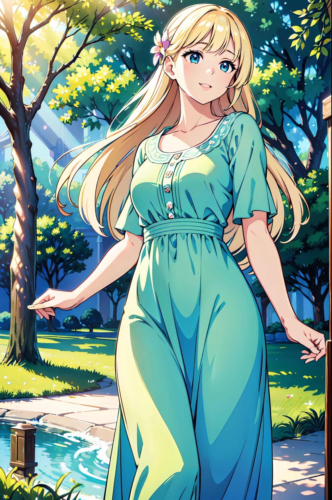 (best quality,4k,8k,highres,masterpiece:1.2),ultra-detailed,(realistic,photorealistic,photo-realistic:1.37),girl in a park,beautiful detailed eyes,beautiful detailed lips,extremely detailed eyes and face,longeyelashes,green lush environment,smiling,walking gracefully,sunlit park,soft sunlight through trees,playful atmosphere,casual clothing,gentle breeze,flowing hair,flowers in her hair,joyful expression,natural surroundings,vibrant colors,portrait,peaceful mood,impeccable makeup,fair skin,freely flowing dress,graceful movement,serene background,interactive lighting,subtle shadows,rays of light filtering through branches,dappled sunlight on the ground,blending into nature,relaxed posture,enchanted garden,happiness and freedom,harmony with nature，carefree attitude