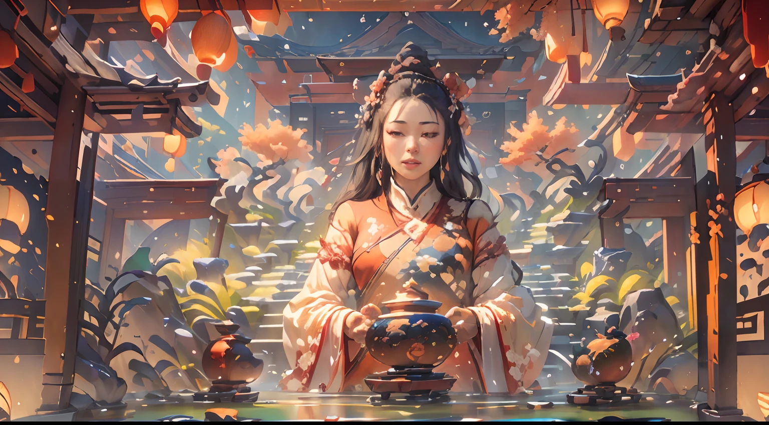 (best quality,4k,8k,highres,masterpiece:1.2),ultra-detailed,(realistic,photorealistic,photo-realistic:1.37),ancient emperor,Chinese emperor,beautiful detailed eyes,beautiful detailed lips,extremely detailed eyes and face,long eyelashes,old Chinese man,imposing figure,golden crown,ornate robes,wise and serene expression,standing proudly in front of his castle,grand castle,Chinese castle,impressive architecture,tall walls and towers,elaborate decorations,carved dragons and phoenixes,enchanted garden,manicured lawns,meandering paths,lush greenery,abundance of colorful flowers,blooming cherry blossoms,fragrant lotus ponds,tranquil koi fish swimming,decorative rock formations,exquisite sculptures,palatial courtyard,stately pillars,authentic woodwork,traditional Chinese artwork,delicate porcelain vases,soft lighting,casting a warm glow,subtle shadows,creating depth and dimension,harmonious color palette,rich reds and golds,subdued earth tones,symbolic meaning and cultural significance.