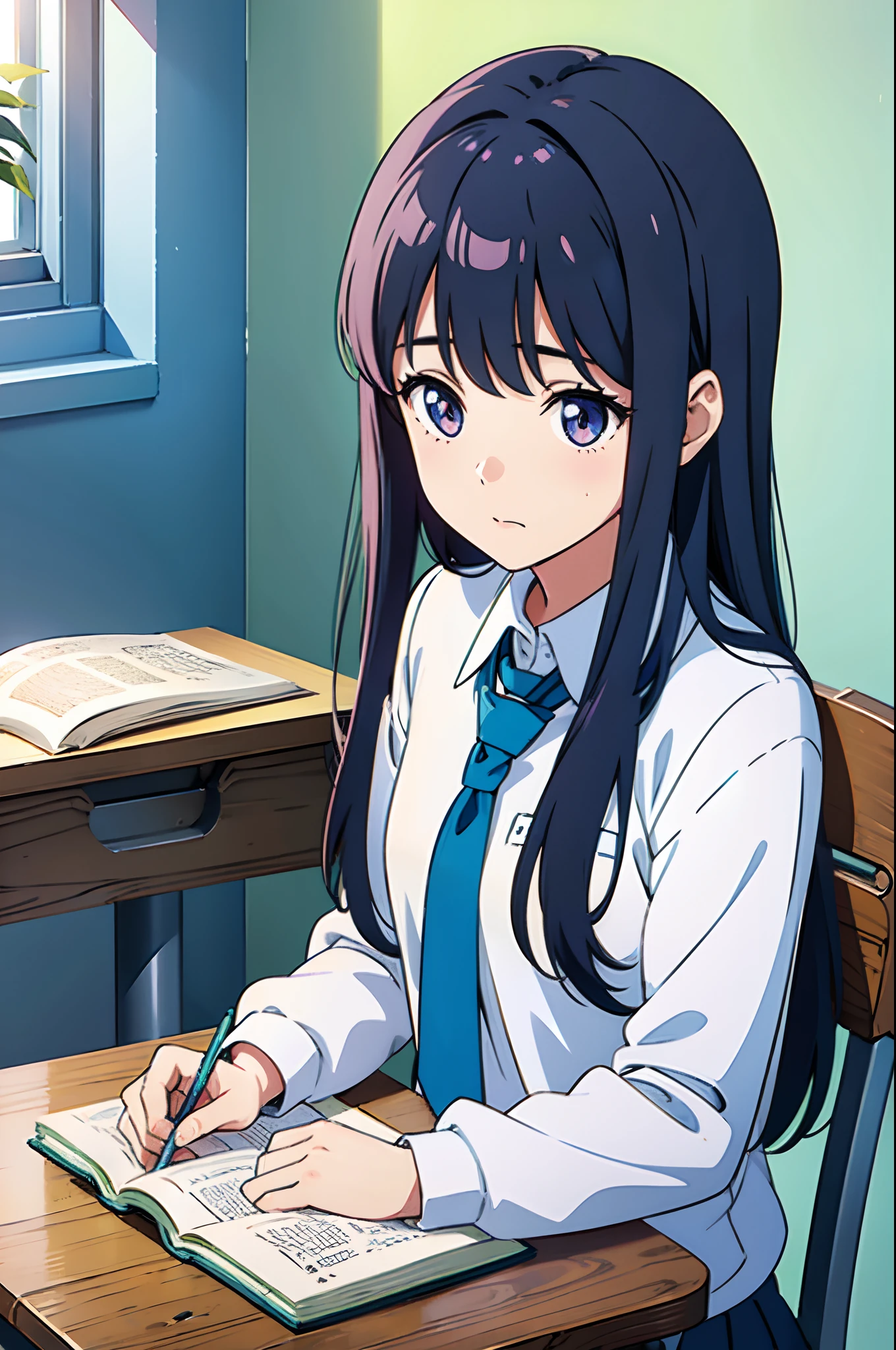 (a girl at school),illustration,colored pencil on paper,lovely girl with long hair and big eyes,wearing a school uniform,sitting at a desk,reading a book,books and notebooks scattered on the desk,wall clock ticking in the background,sunlight streaming through the window,soft lighting,peaceful atmosphere,bright colors,realistic and detailed,with attention to facial features and expression.