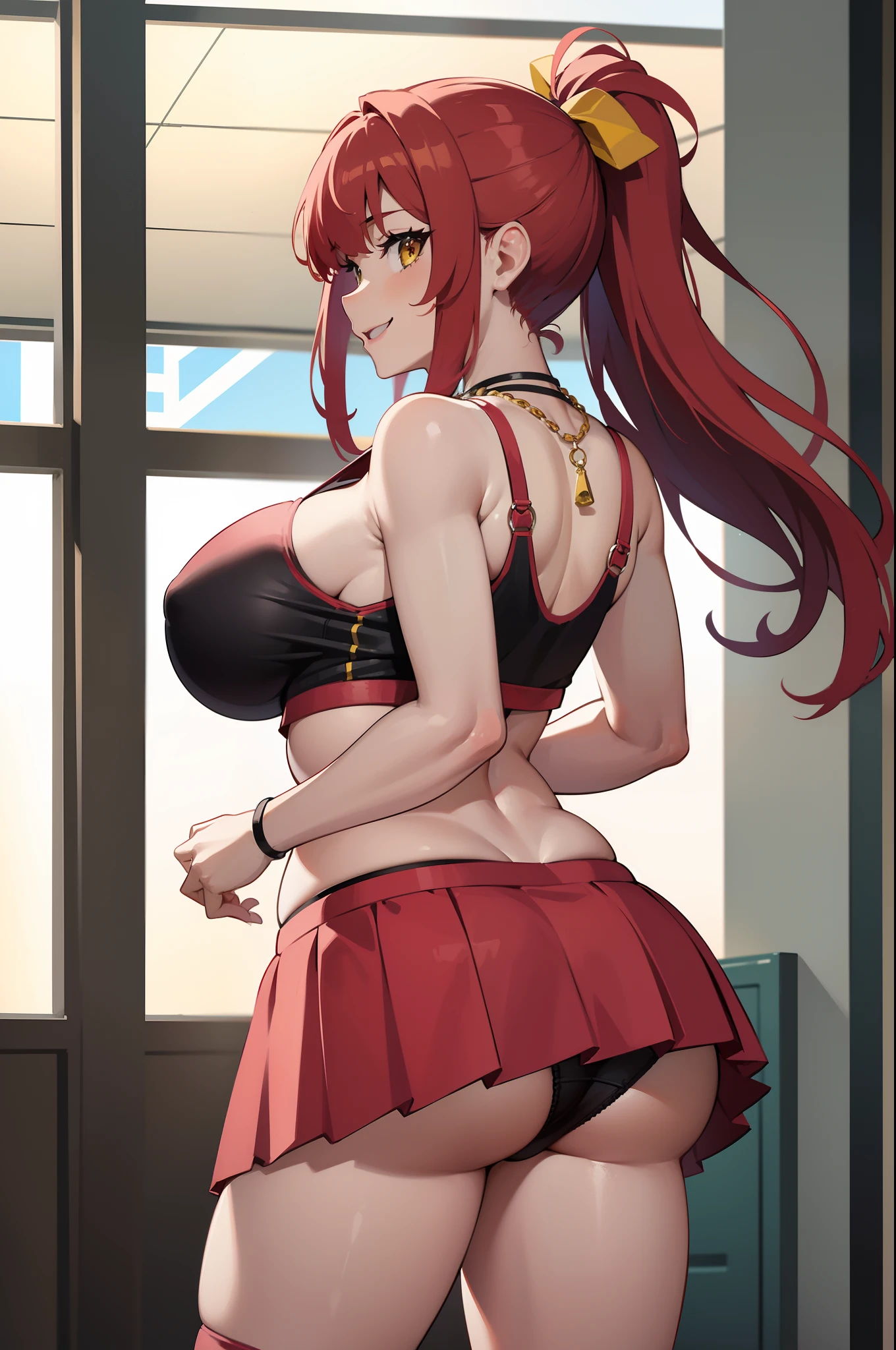 masterpiece, best quality, 4k, red hair, huge breasts, cheerleader outfit, football field, underboob, ponytail, indoors, necklaces, jewelry, wide hips, gyaru, hair ribbon, yellow eyes, smile, micro skirt, pink theme, 1girl, from behind, huge butt, panties, upskirt