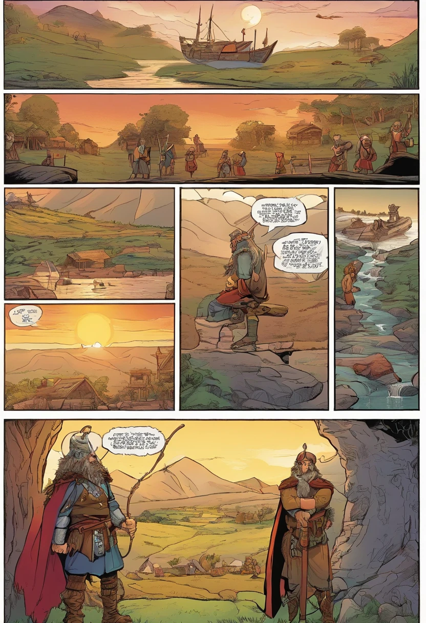 Quadrinhos americanos, The comic is presented in several irregular panels with colors. A menina loira vestida em trajes vikings, encontra um belo homem com asas de anjo.
