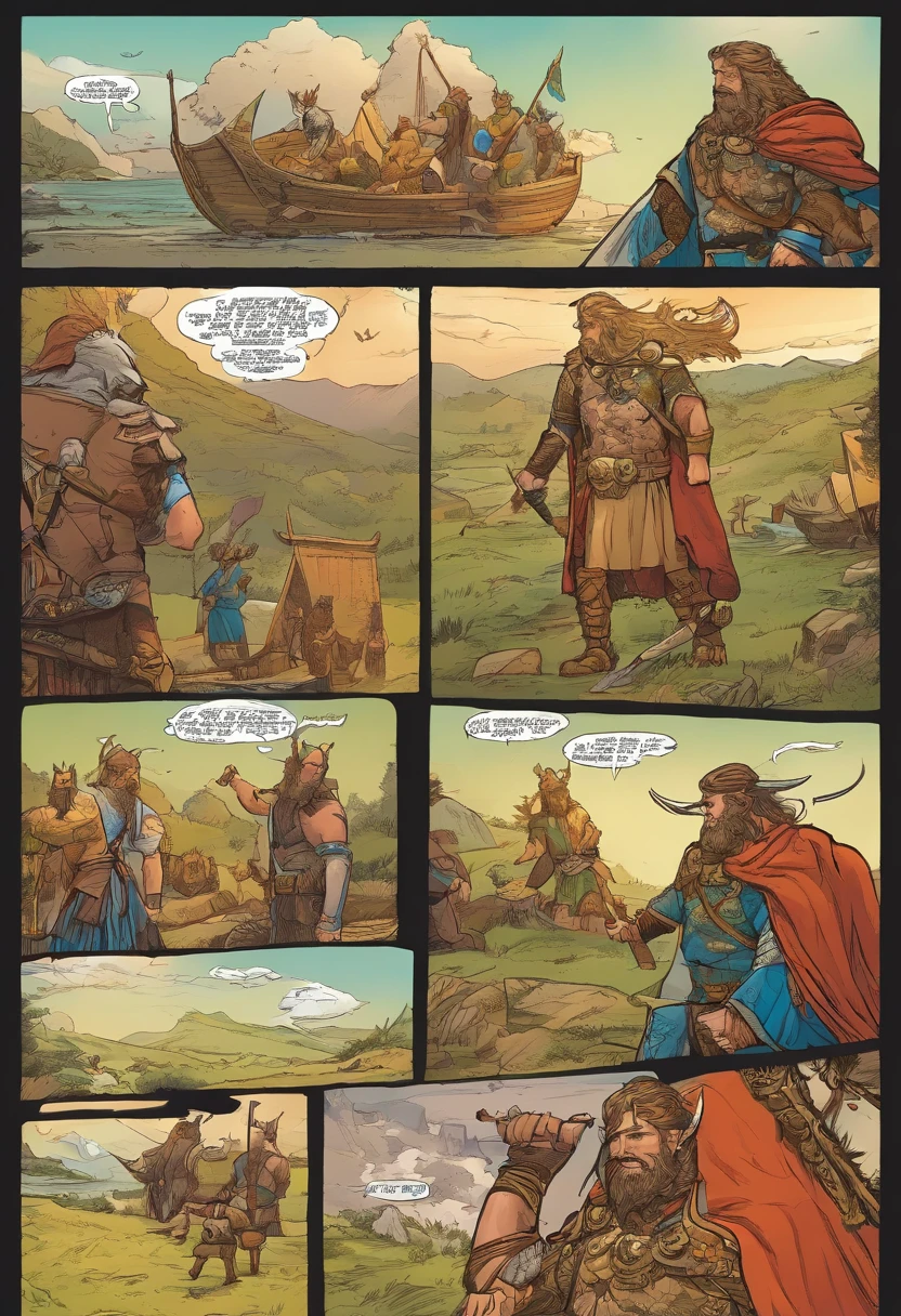 Quadrinhos americanos, The comic is presented in several irregular panels with colors. A menina loira vestida em trajes vikings, encontra um belo homem com asas de anjo.