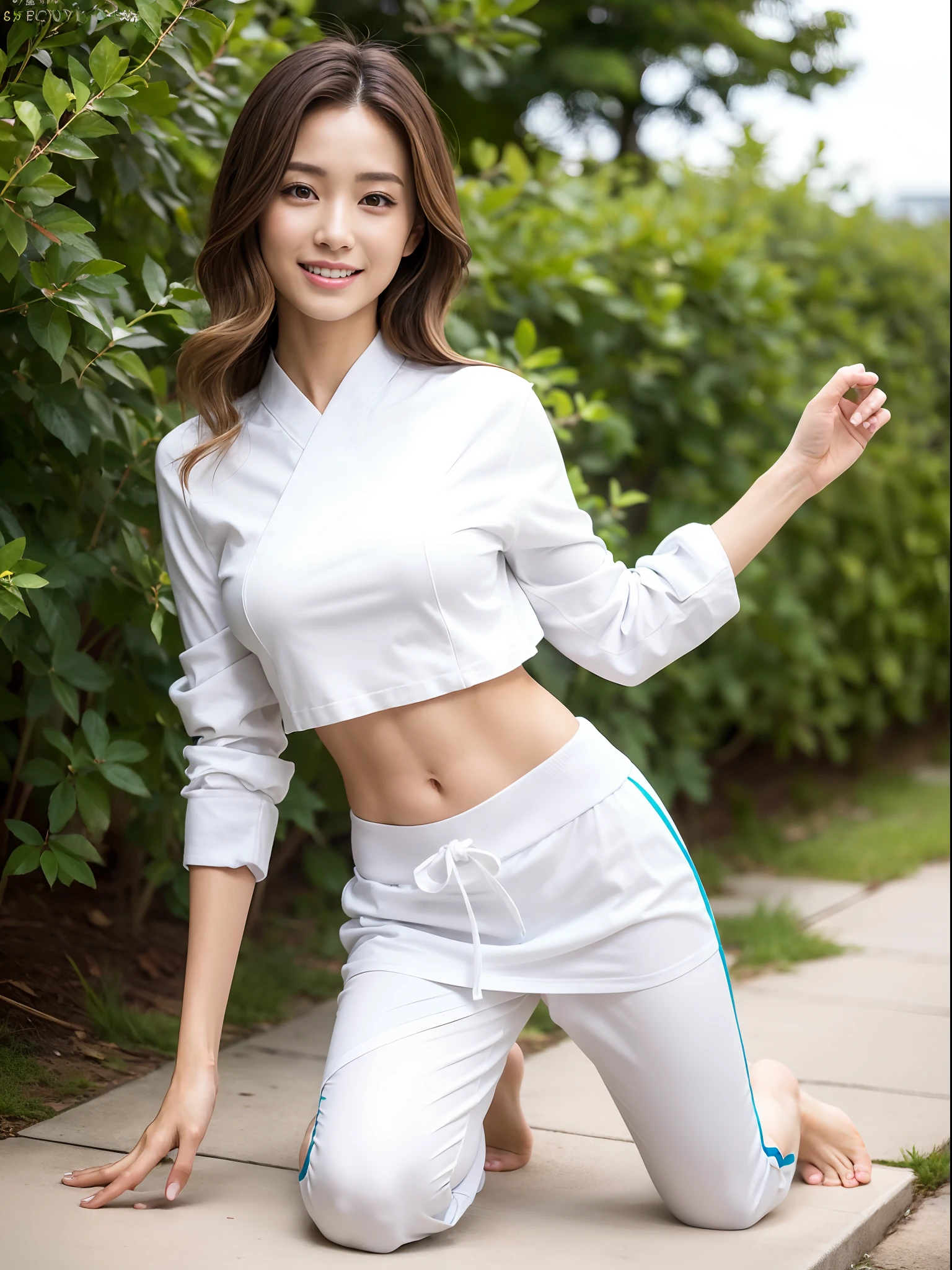 (Photorealsitic)Beautuful Women, (8K Beauty Full Body Portrait), Stand alone, White karate uniform with no stomach visible, White karate pants, , Perfect facial detail, attractive beautiful face, 二重まぶた, Beautiful detailed eyes, long eyeslashes, (Smile: 1.15), ligh brown hair, Hair that does not fall on the shoulders, TOKYOcty,1 female, Toned waist, Beautiful thin legs, toned ankles, bare-legged ,