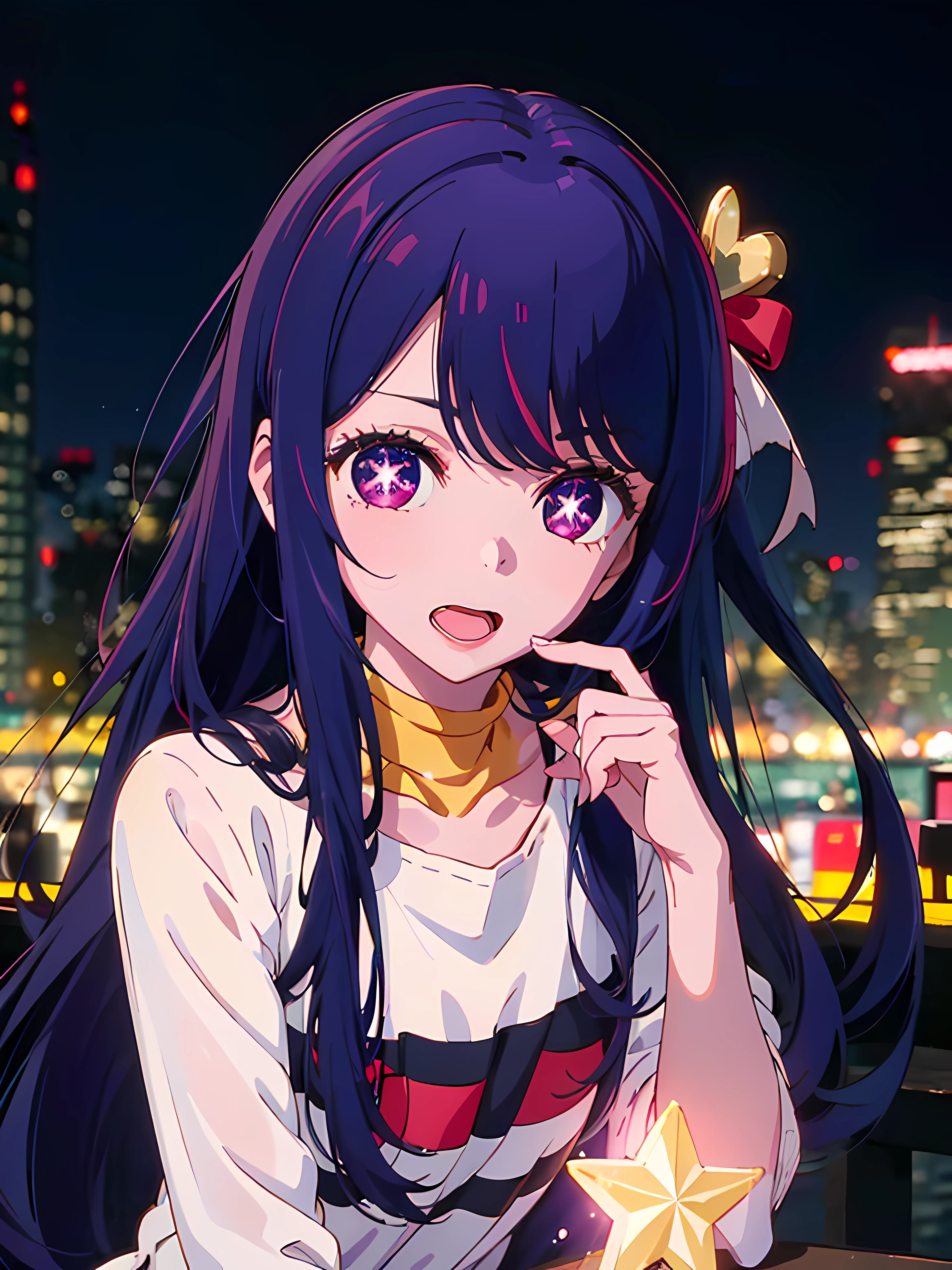 1 girl,(Ai Hoshino, Long hair, Purple hair, Striped hair ,Purple eyes, Star-shaped pupils, hair adornments) ,Vibrant colors, Girl, Masterpiece, Sharp focus, Best quality, Depth of field, 、, heartthrob, Sparkle, Outdoors, Stage, City, Singing, Nice details